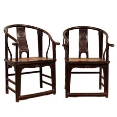 Pair of Chinese Ming Dynasty Style Horseshoe Back Armchairs with Dark Patina
