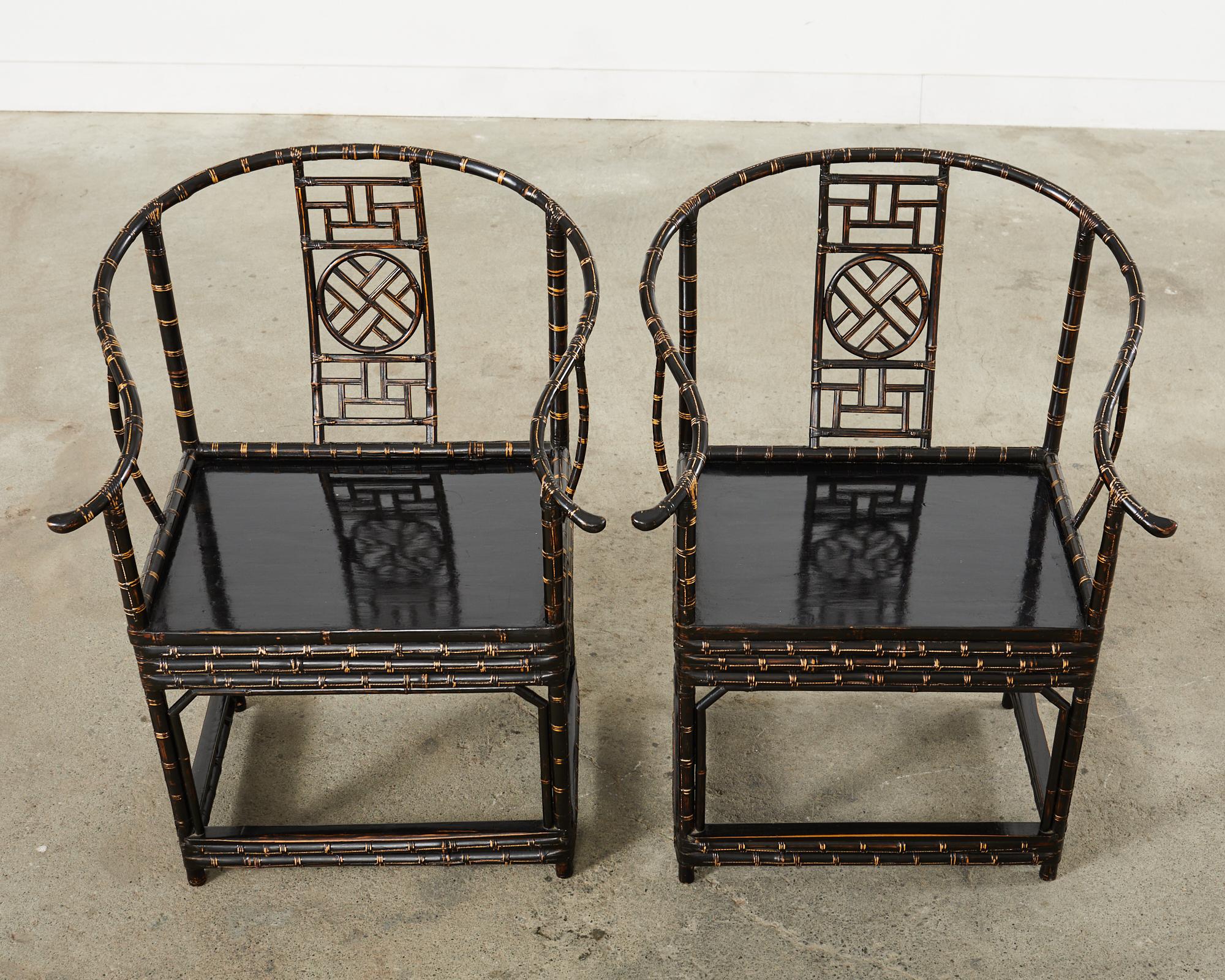20th Century Pair of Chinese Ming Style Bamboo Horseshoe Armchairs For Sale