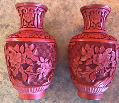 Pair of Chinese Mirror Image Cinnabar Lacquered Vases