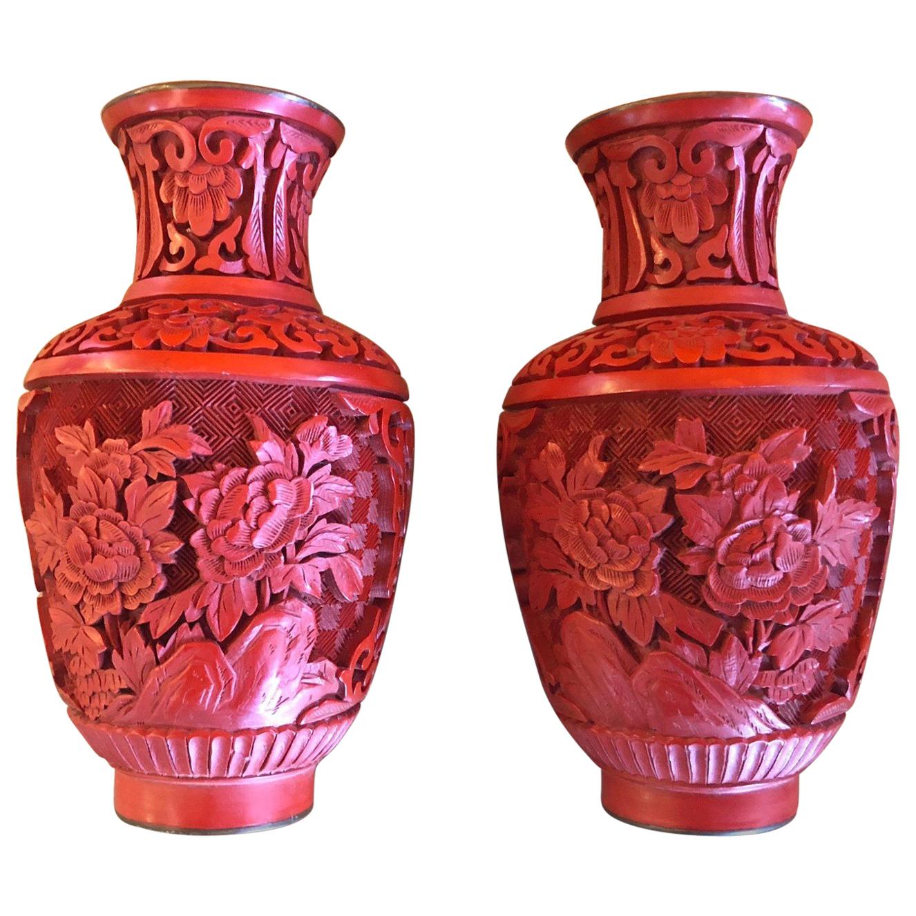 Pair of Chinese Mirror Image Cinnabar Lacquered Vases