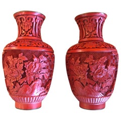 Retro Pair of Chinese Mirror Image Cinnabar Lacquered Vases