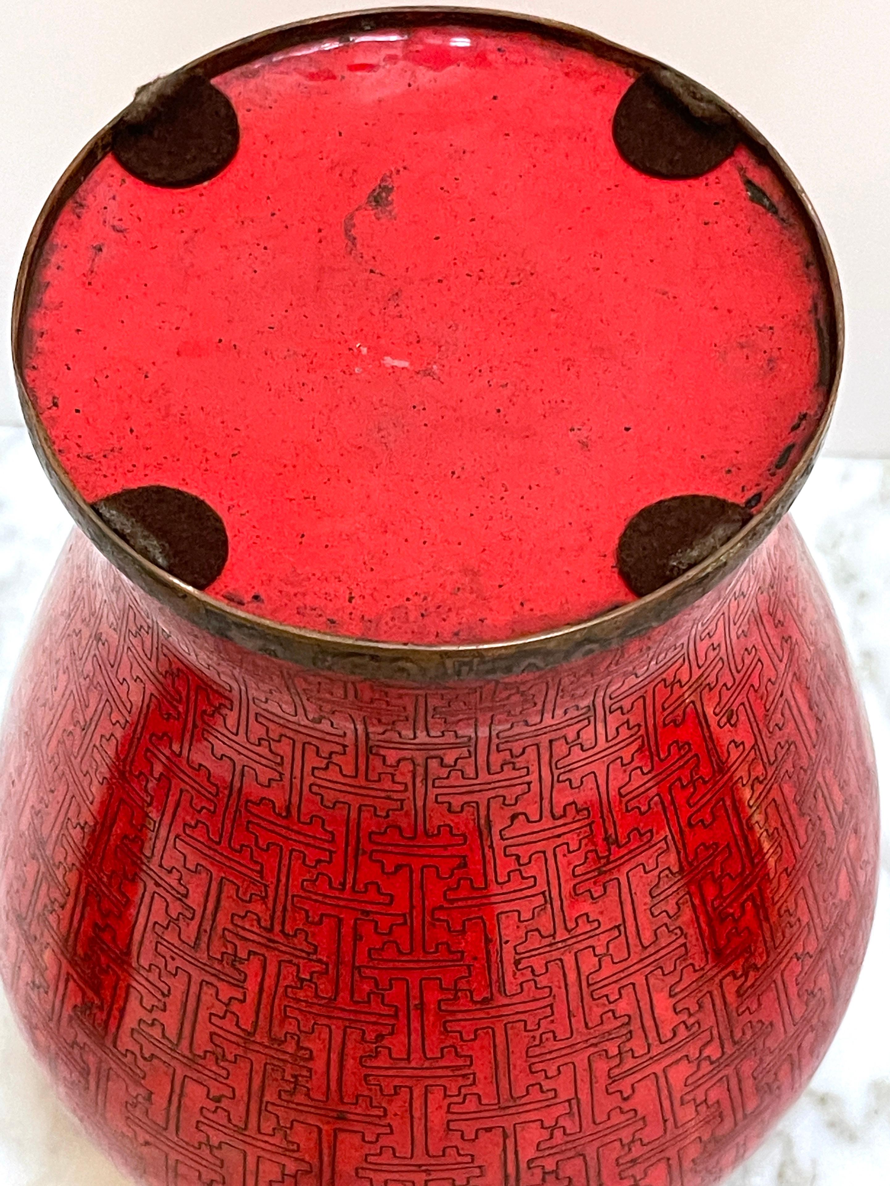 Pair of Chinese Modernist Red Cloisonné Ginger Jars and Stands, Circa 1960s   For Sale 7