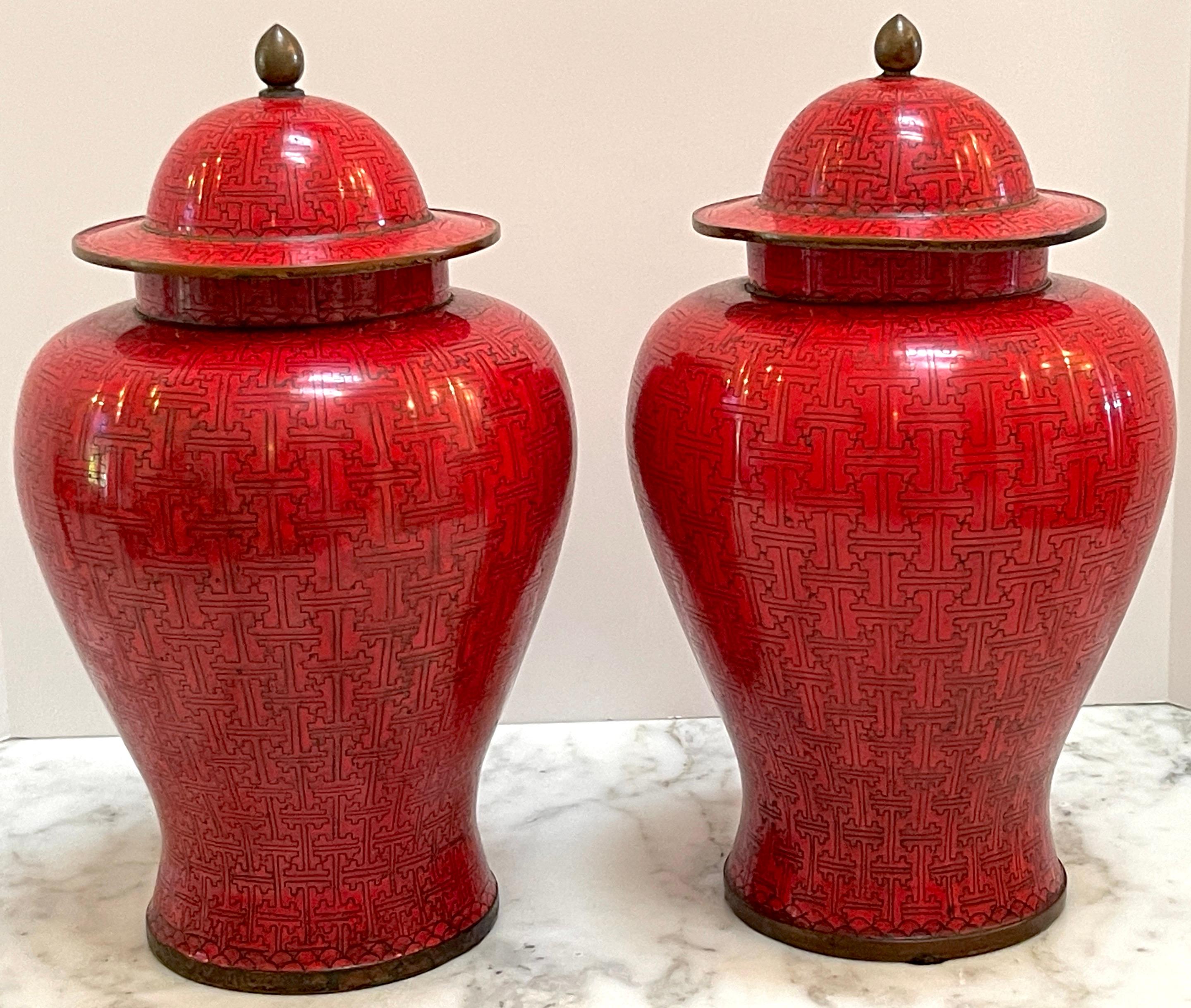 Carved Pair of Chinese Modernist Red Cloisonné Ginger Jars and Stands, Circa 1960s   For Sale