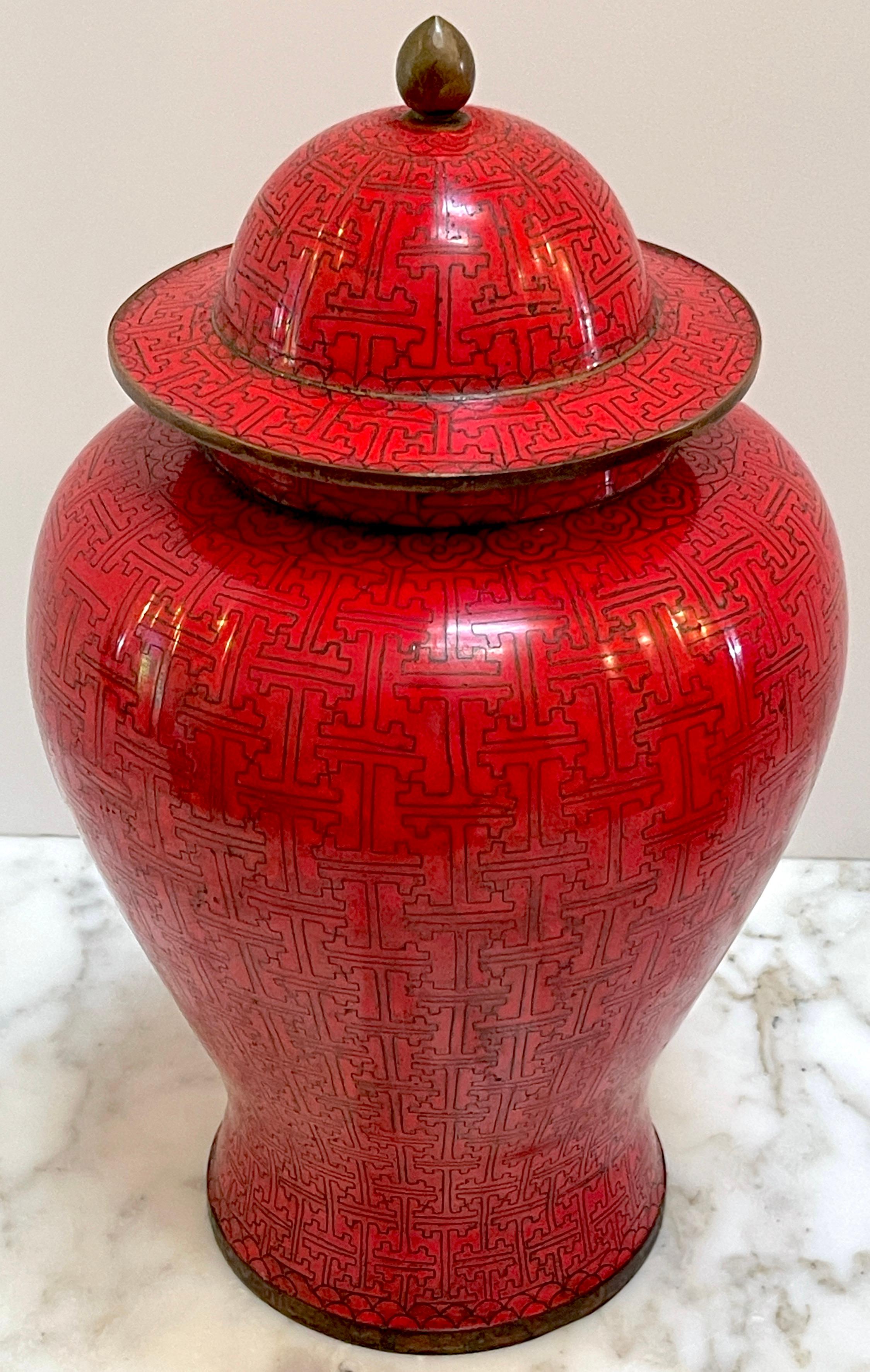 20th Century Pair of Chinese Modernist Red Cloisonné Ginger Jars and Stands, Circa 1960s   For Sale