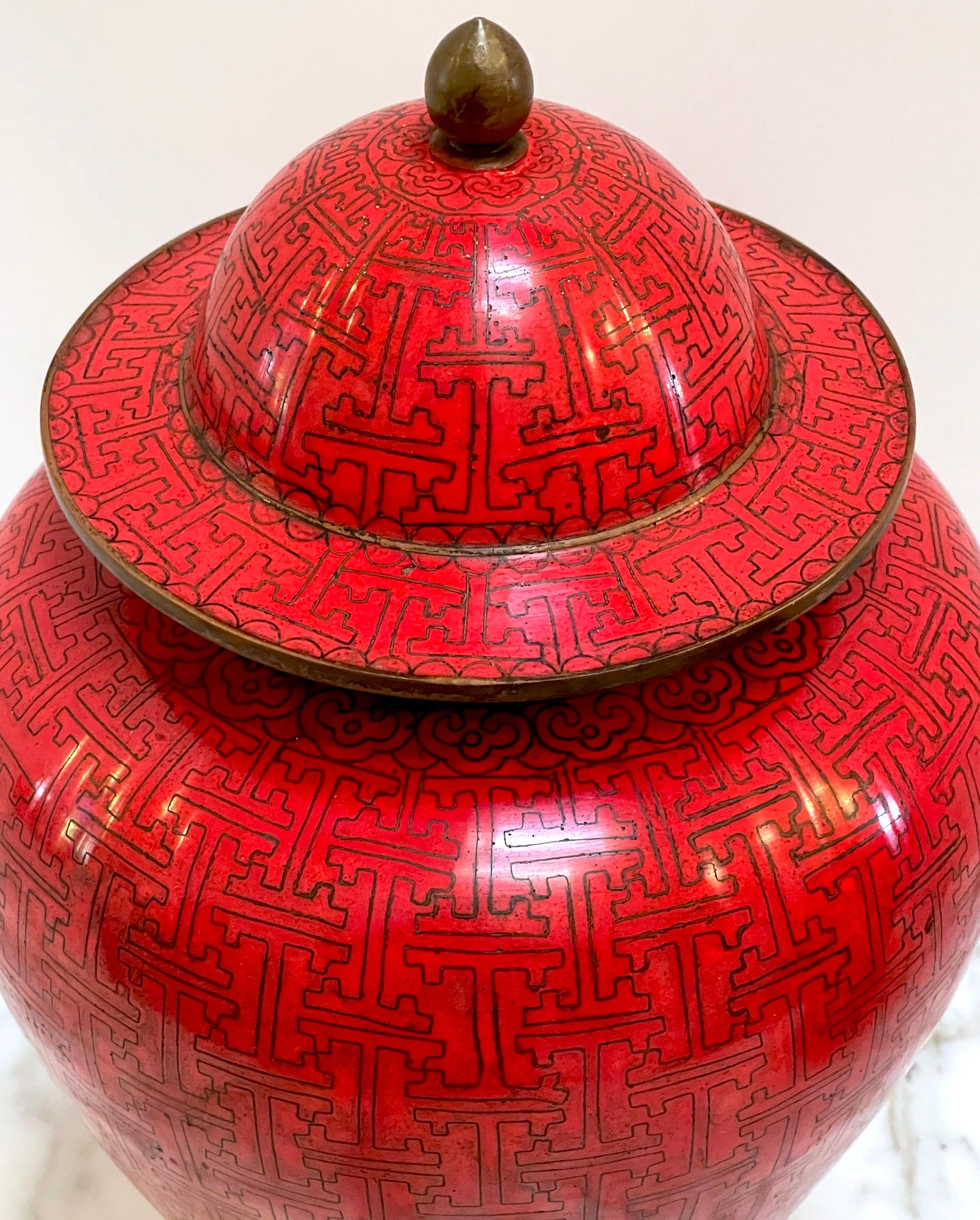 Brass Pair of Chinese Modernist Red Cloisonné Ginger Jars and Stands, Circa 1960s   For Sale