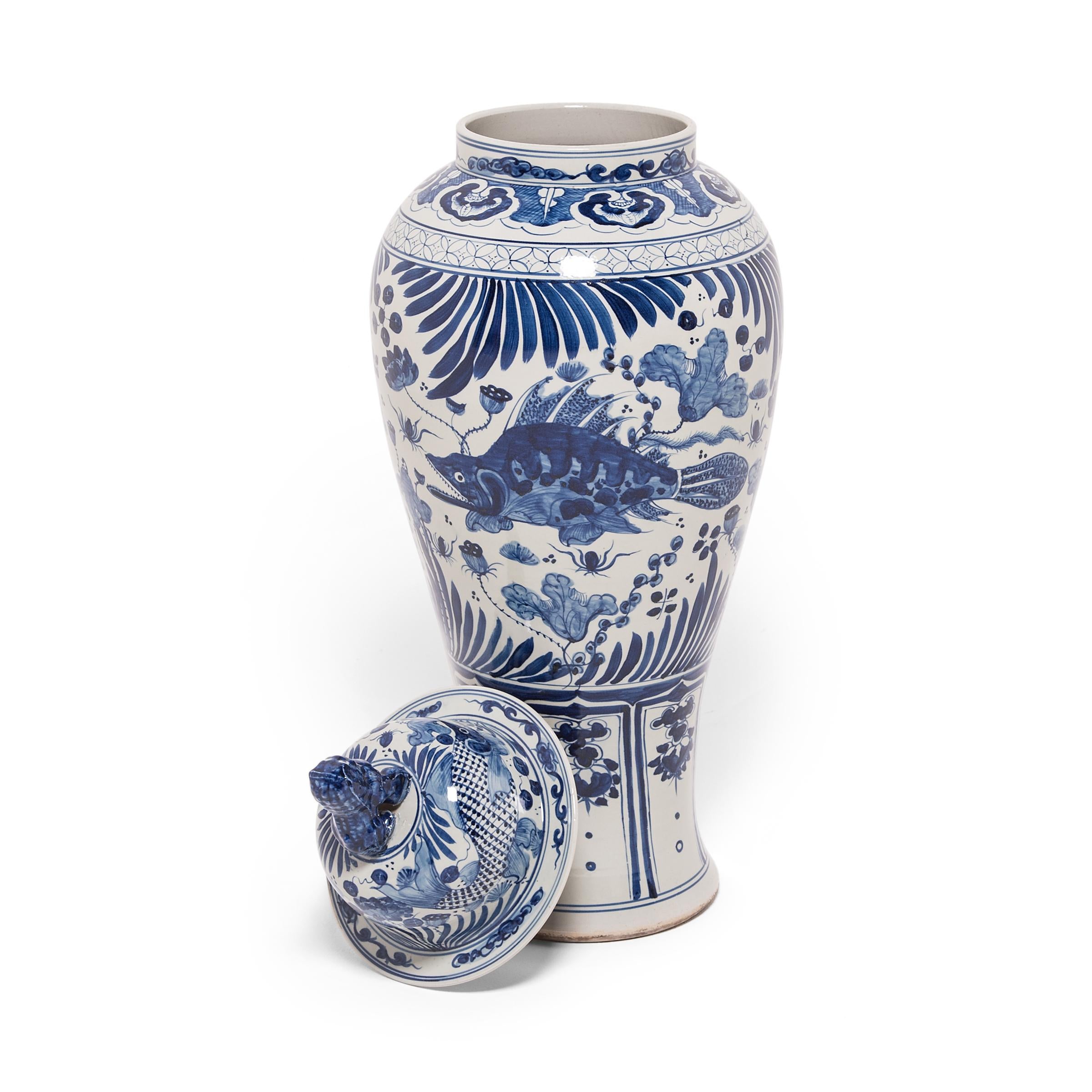 Contemporary Pair of Chinese Monumental Blue and White Fish Jars with Shizi Tops