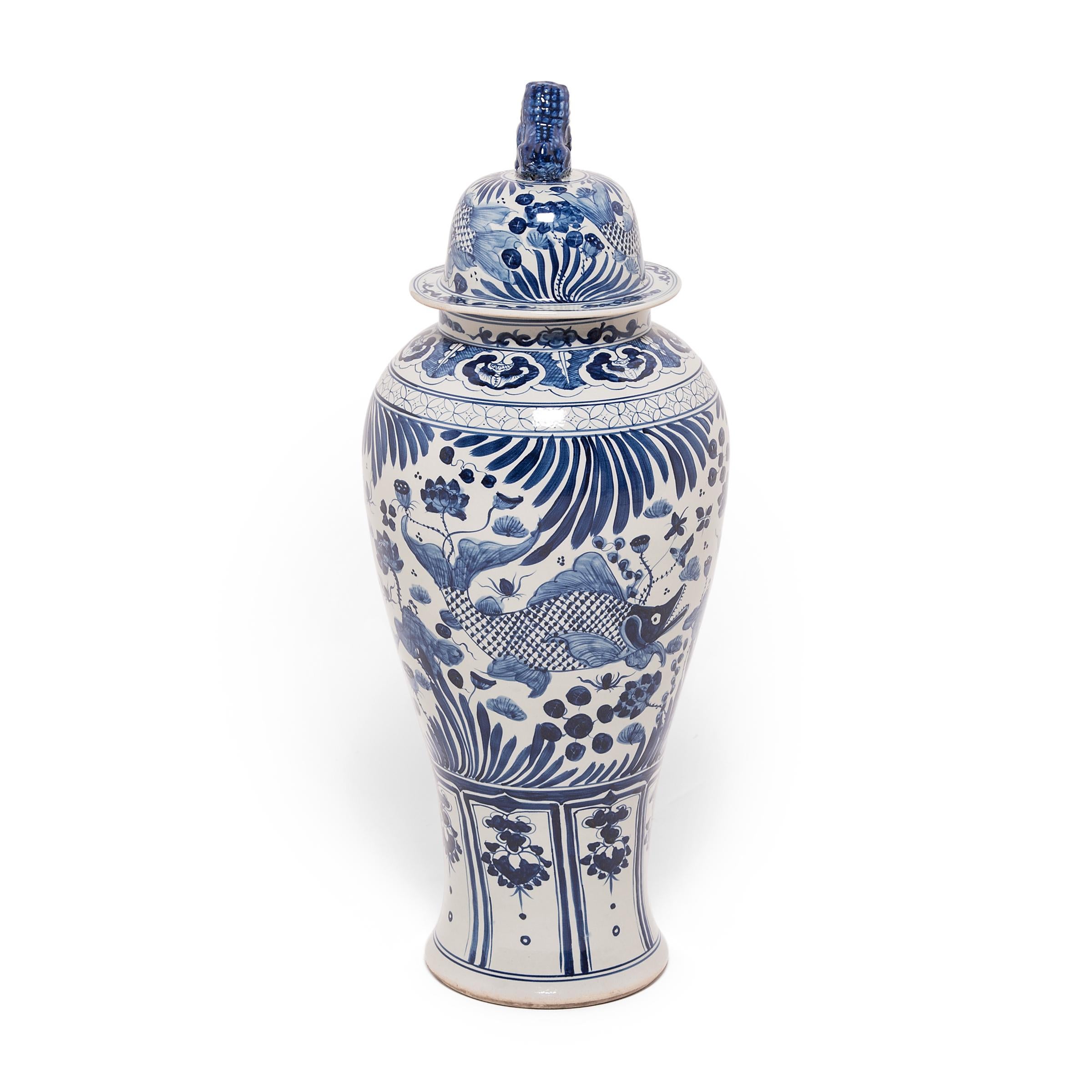 Glazed Pair of Chinese Monumental Blue and White Fish Jars with Shizi Tops