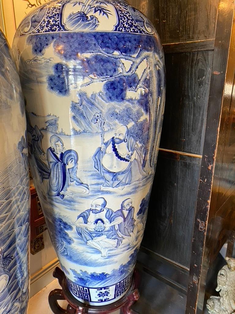 Pair of Chinese Monumental Blue and White Qing Dynasty Vases 4