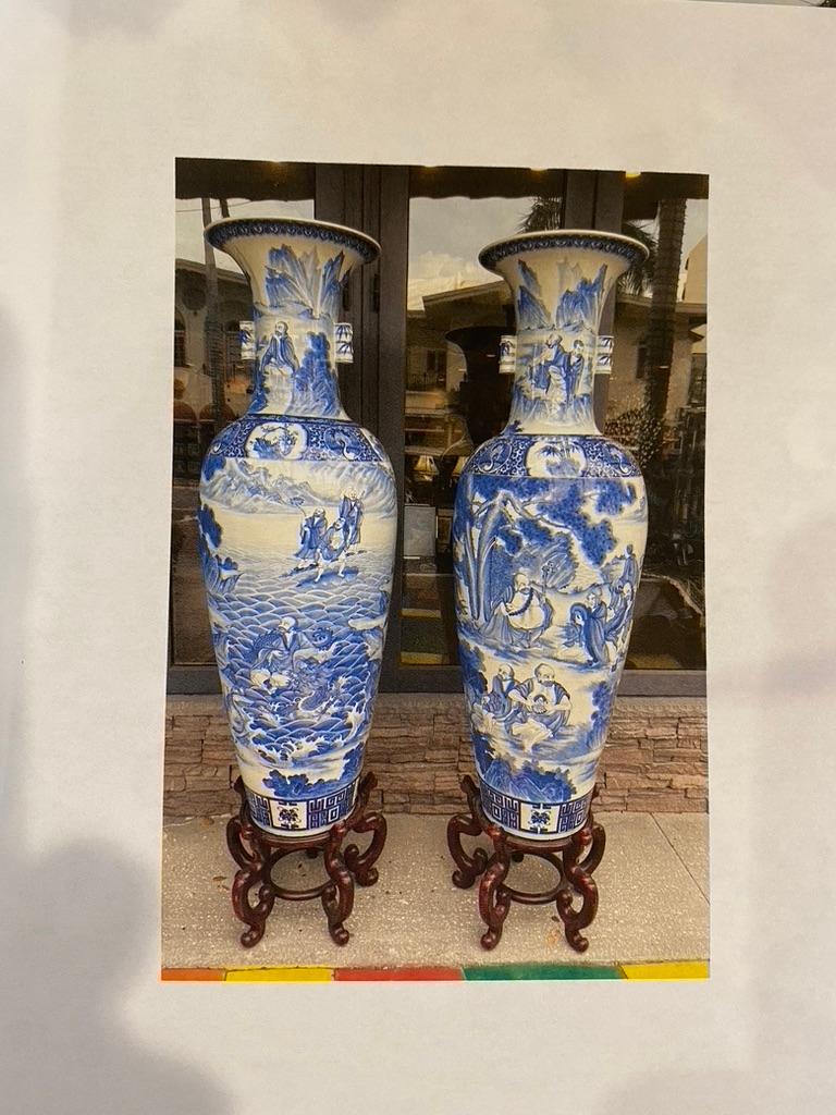 Pair of Chinese Monumental Blue and White Qing Dynasty Vases 7