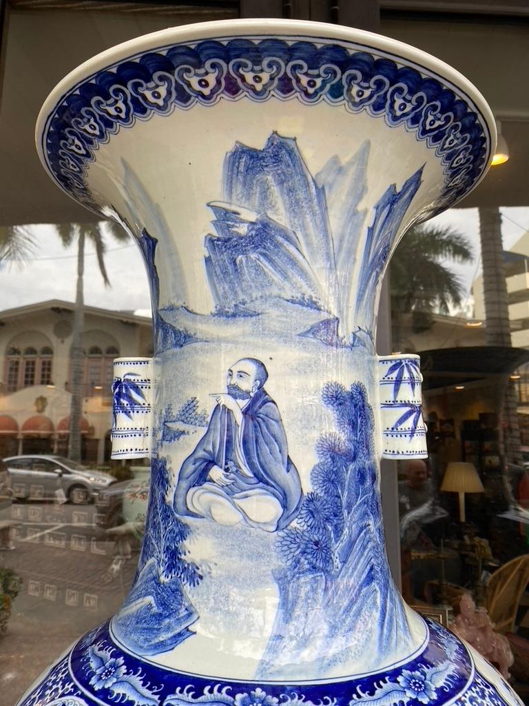 Hand-Crafted Pair of Chinese Monumental Blue and White Qing Dynasty Vases