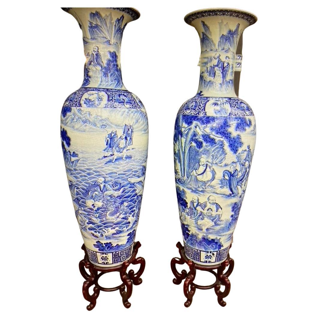 Pair of Chinese Monumental Blue and White Qing Dynasty Vases