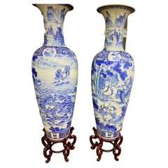 Pair of Chinese Monumental Blue and White Qing Dynasty Vases