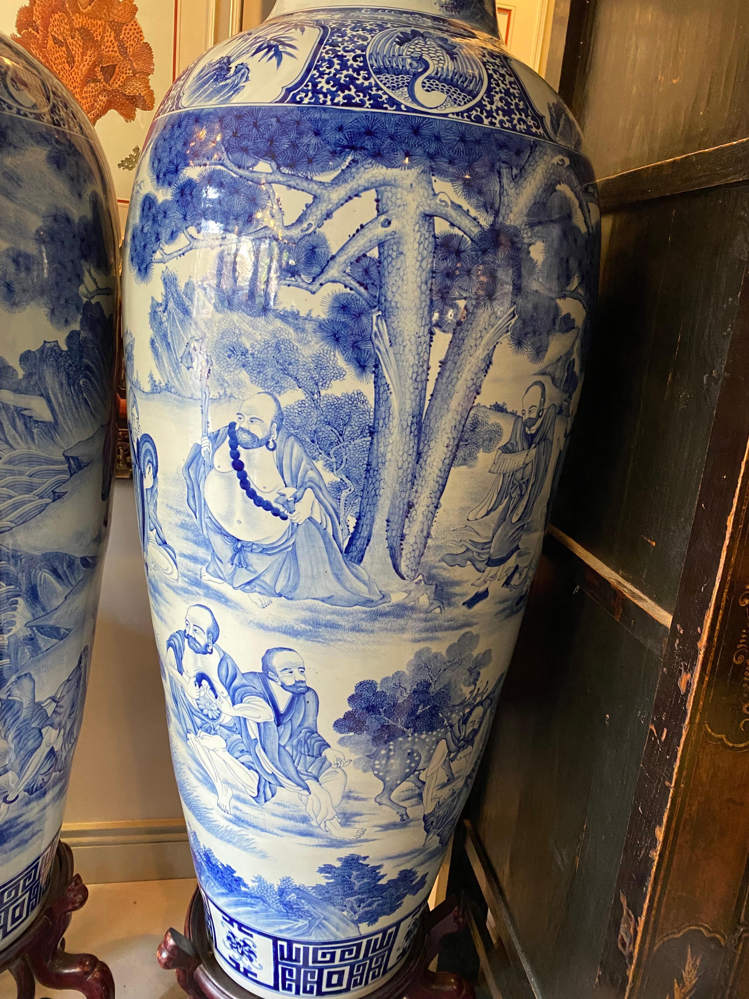 Pair of Chinese Monumental Blue and White Qing Dynasty Vases In Good Condition In Sarasota, FL