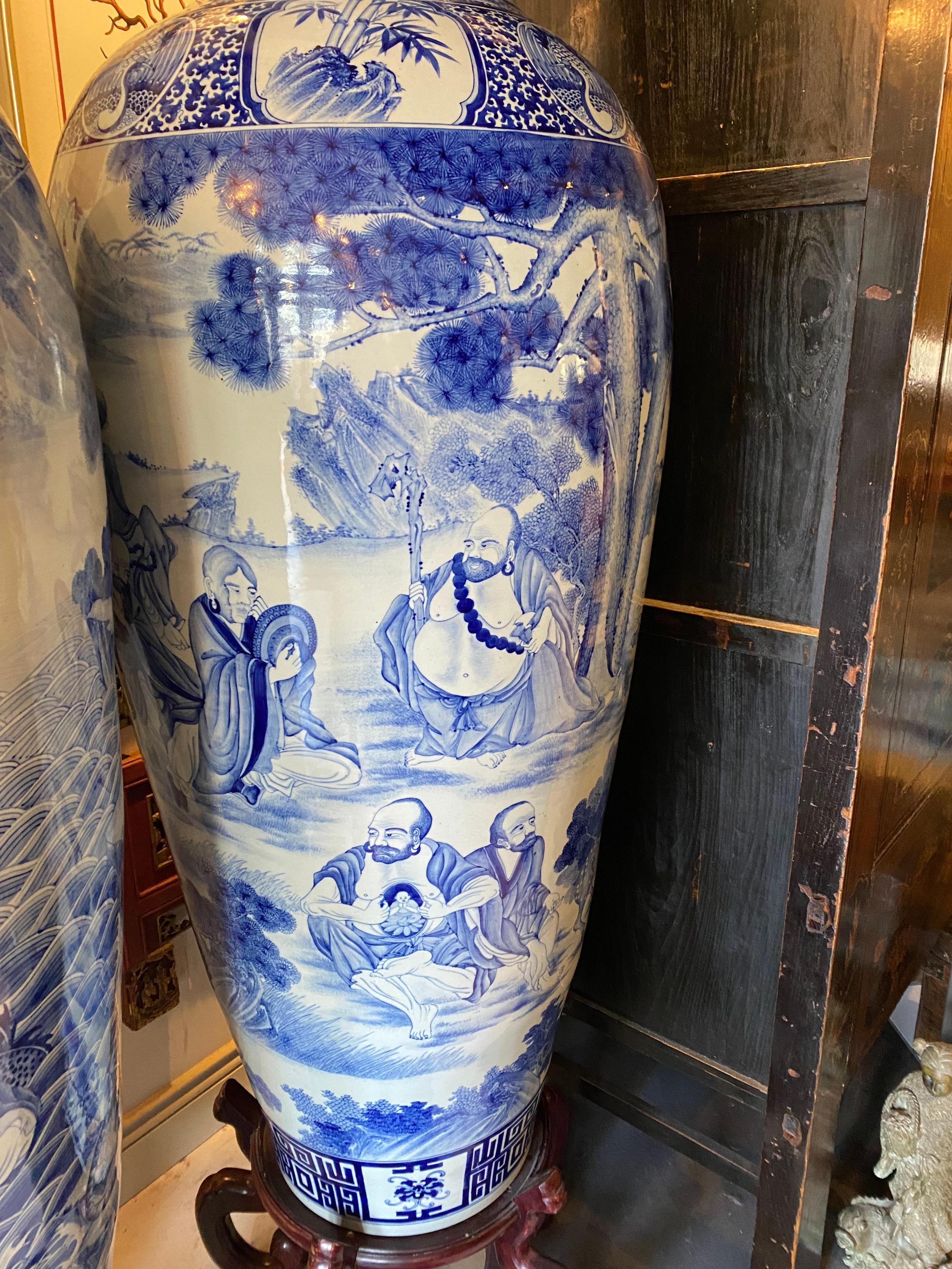 Mid-20th Century Pair of Chinese Monumental Blue and White Qing Dynasty Vases