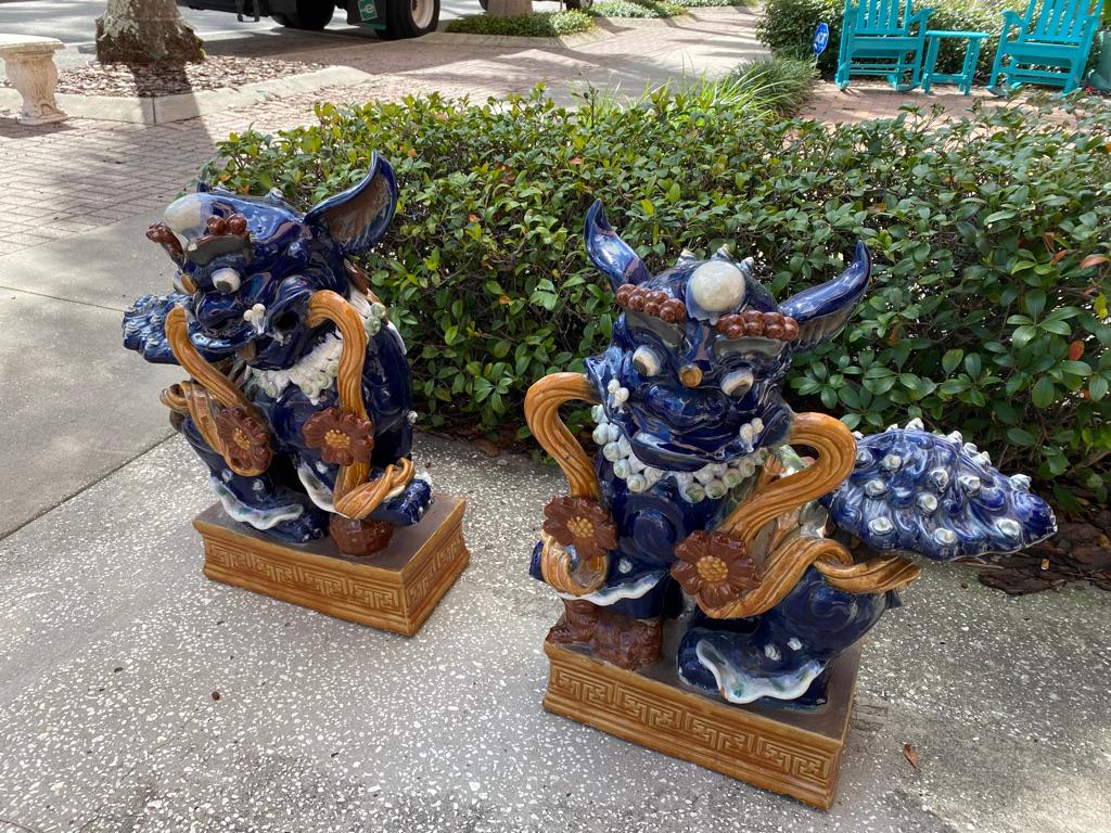 This very special pair of monumental Foo Dogs come from Shi Wan Kiln, in Guangzhou, China made by the Yuhua Ceramic Company between the dates of 1912-1945. Te Company was closed during the WW11 and imported 20+ years ago.
Made from a mold and then