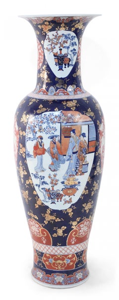 Pair of Chinese Monumental Imari-Style Blue Porcelain Urns