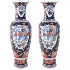 Pair of Chinese Monumental Imari-Style Blue Porcelain Urns