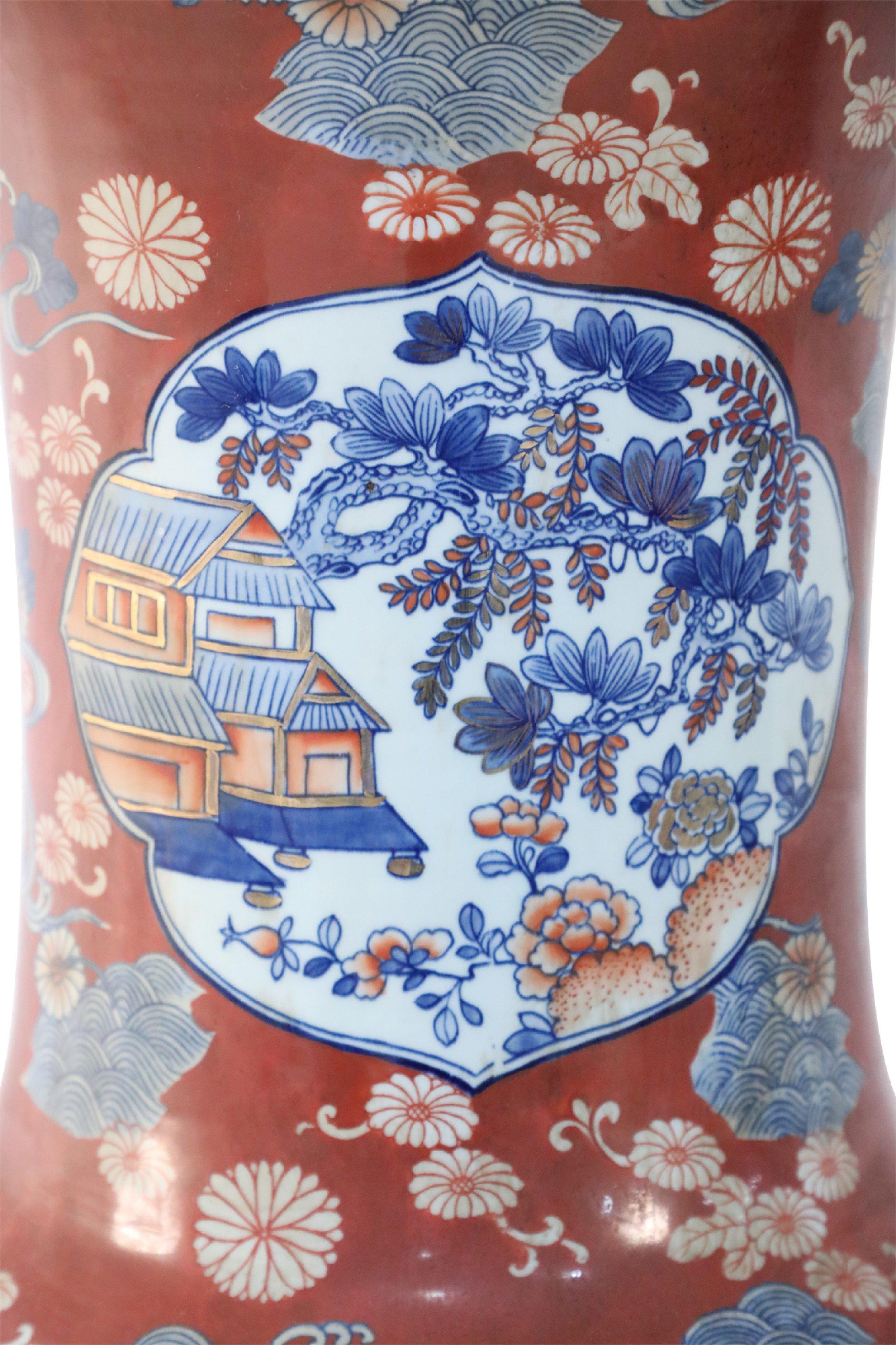 Coppia di urne monumentali cinesi in porcellana arancione in stile Imari in vendita 5
