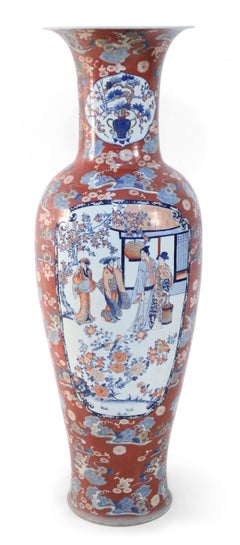 Pareja de Urnas Monumentales Chinas de Porcelana Naranja Estilo Imari