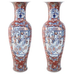 Pair of Chinese Monumental Imari-Style Orange Porcelain Urns
