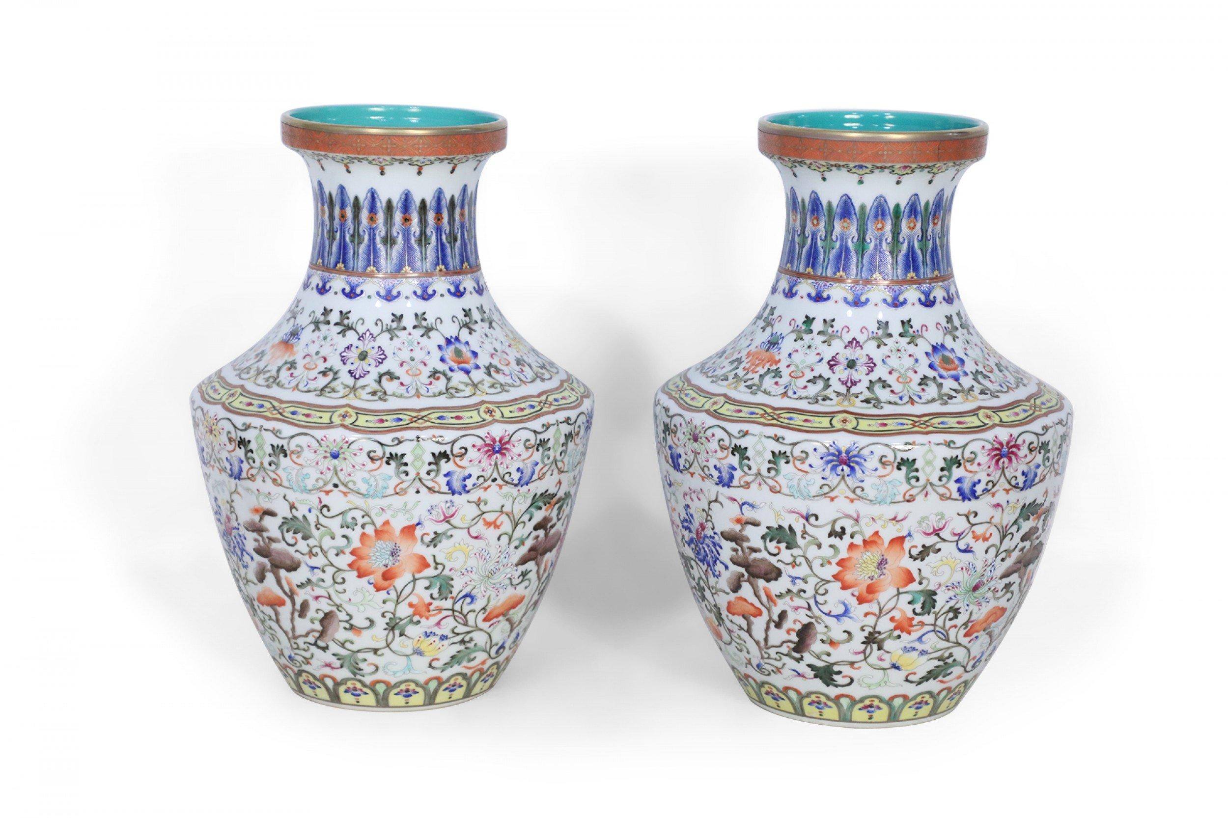 Chinese Export Pair of Chinese Multi-Color Pattern Porcelain Vases