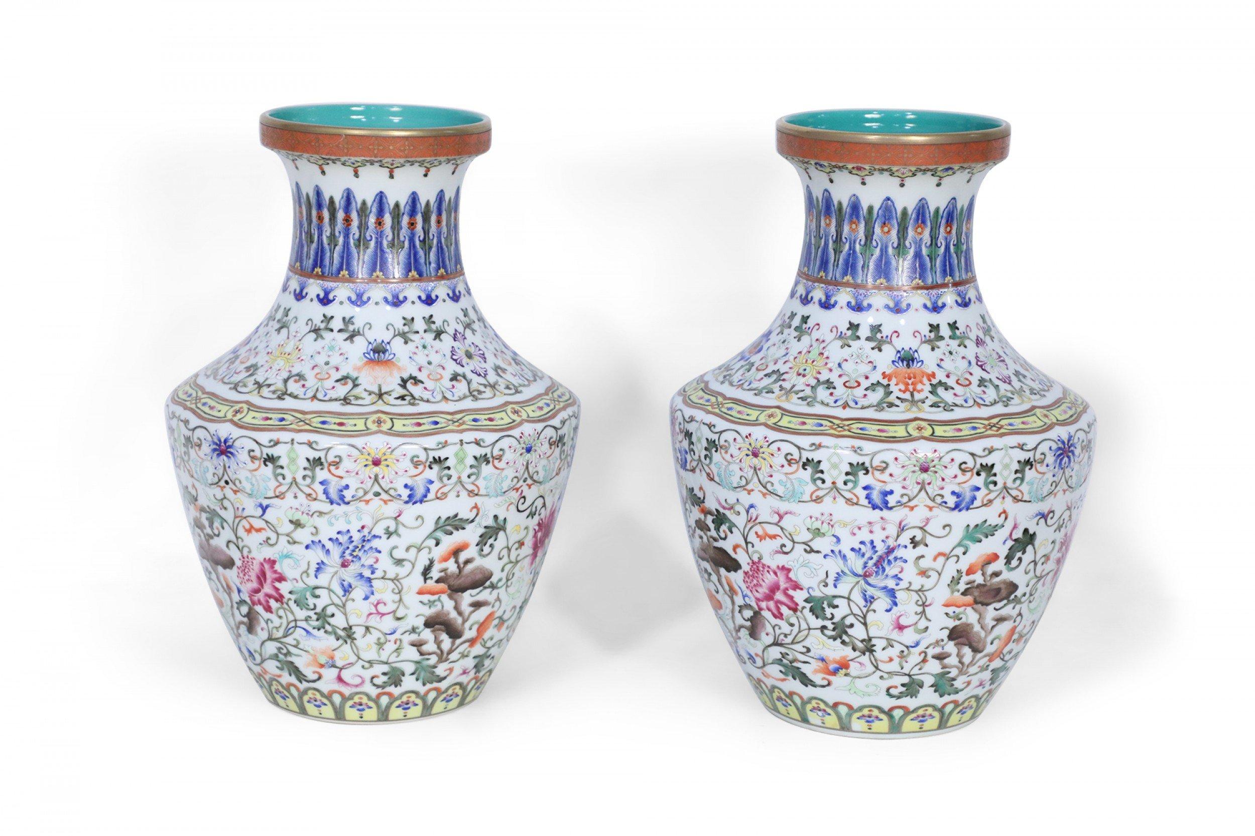 20th Century Pair of Chinese Multi-Color Pattern Porcelain Vases