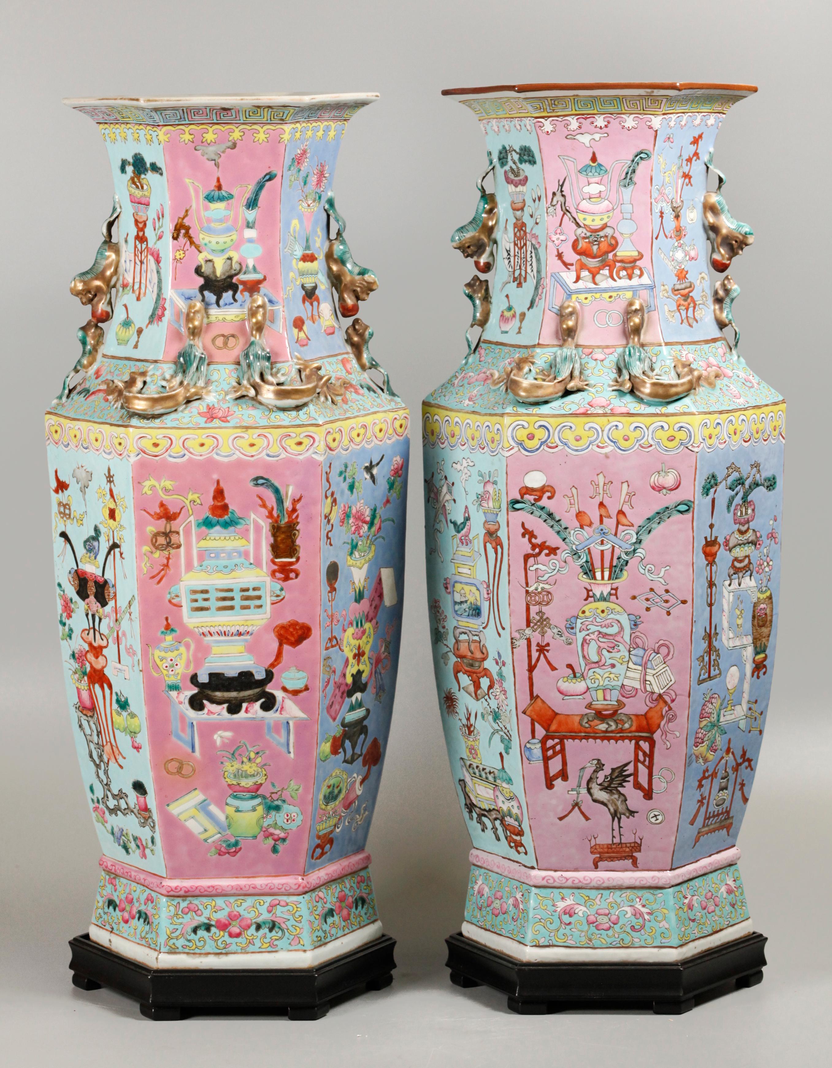 19th Century pair of Chinese multicolor hexagonal porcelain vases, 19th c. For Sale