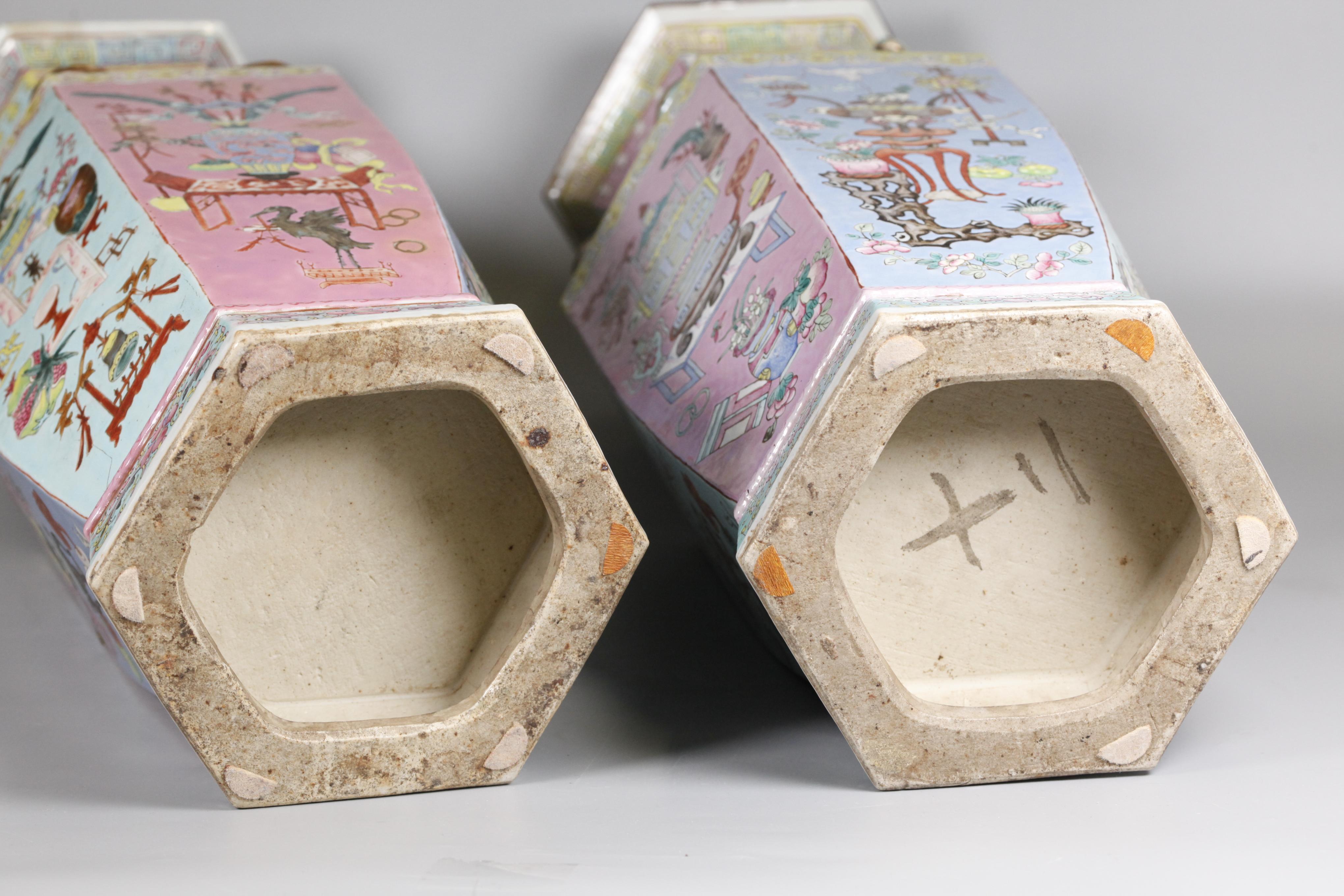 Porcelain pair of Chinese multicolor hexagonal porcelain vases, 19th c. For Sale