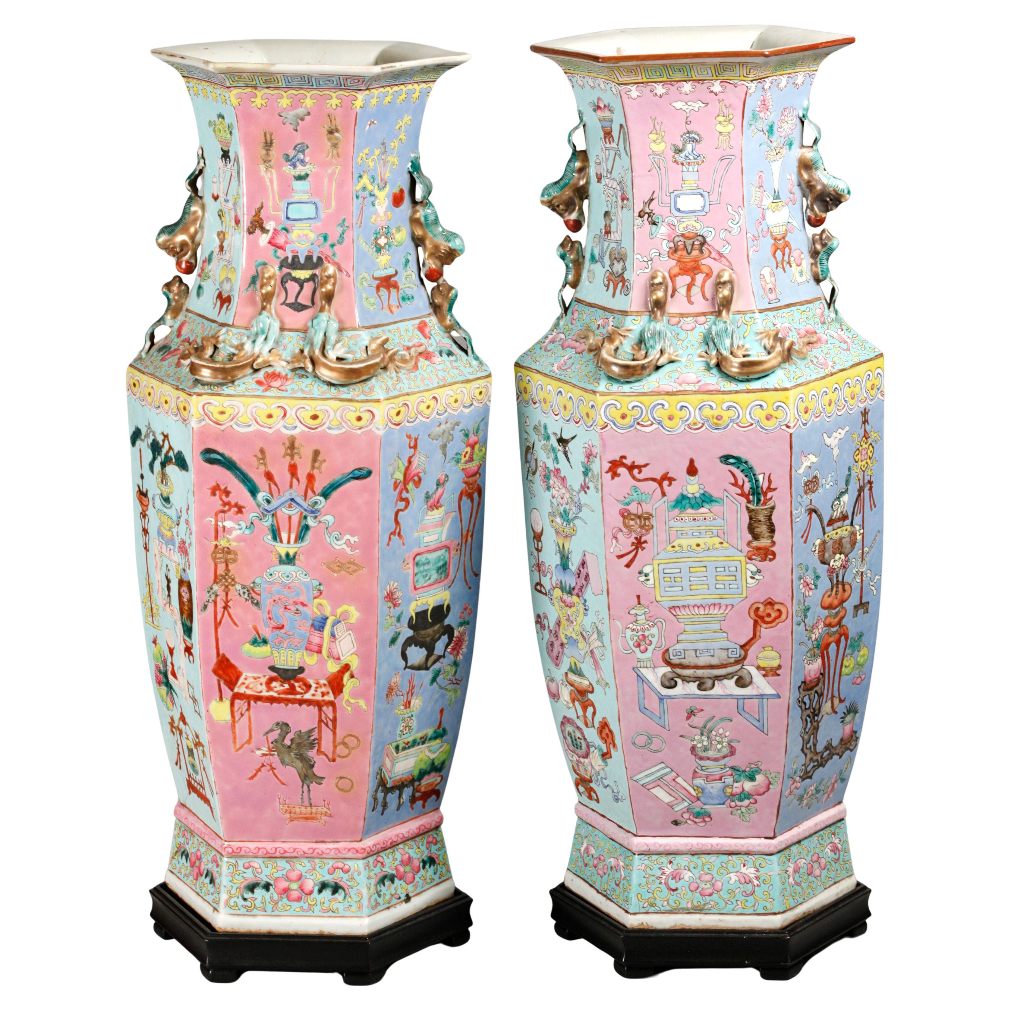 pair of Chinese multicolor hexagonal porcelain vases, 19th c.