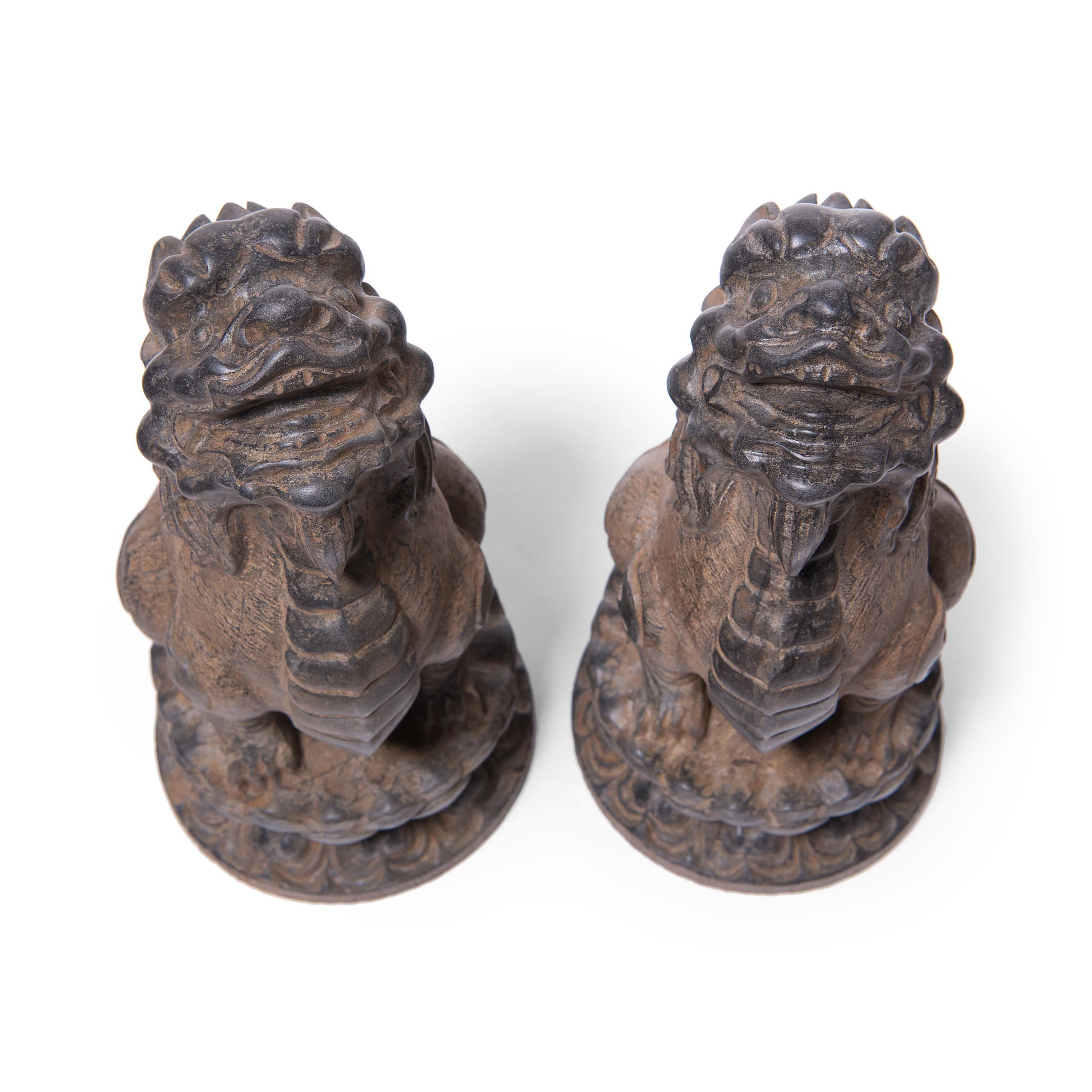Hand-Carved Pair of Chinese Mythical Guardian Stone Charms For Sale