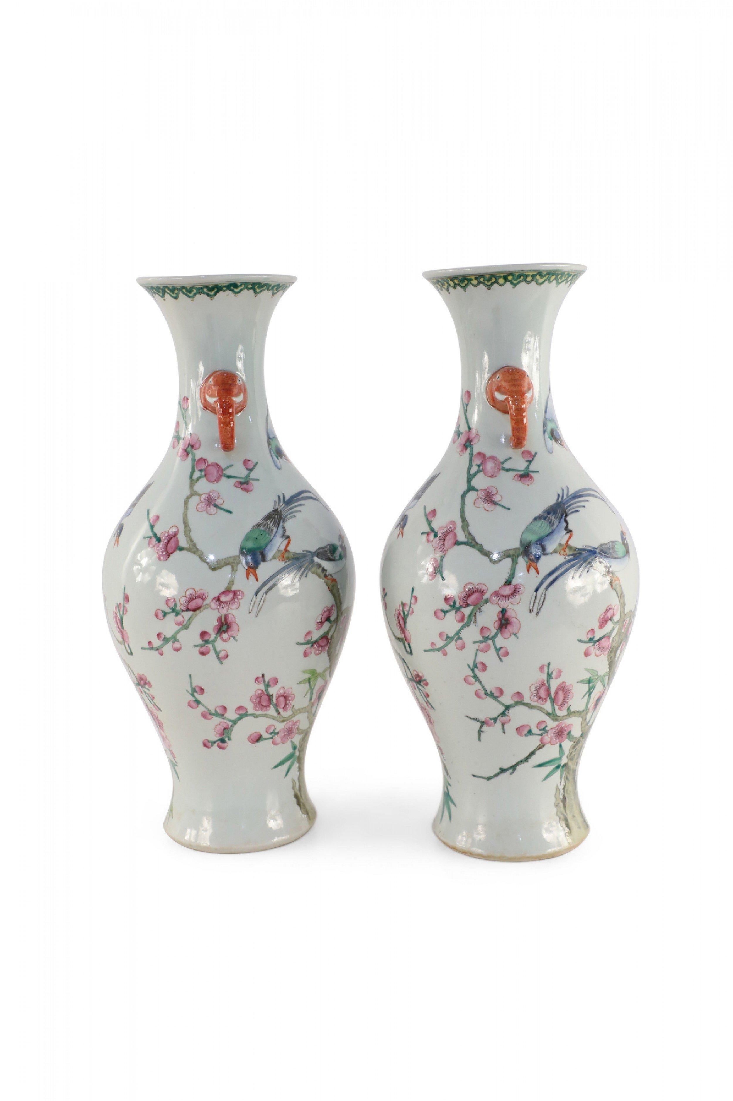 Pair of Chinese Off-White Cherry Blossom Tree and Bird Motif Porcelain Vases For Sale 3