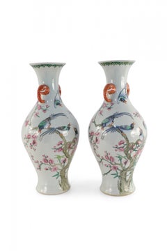 Pair of Chinese Off-White Cherry Blossom Tree and Bird Motif Porcelain Vases