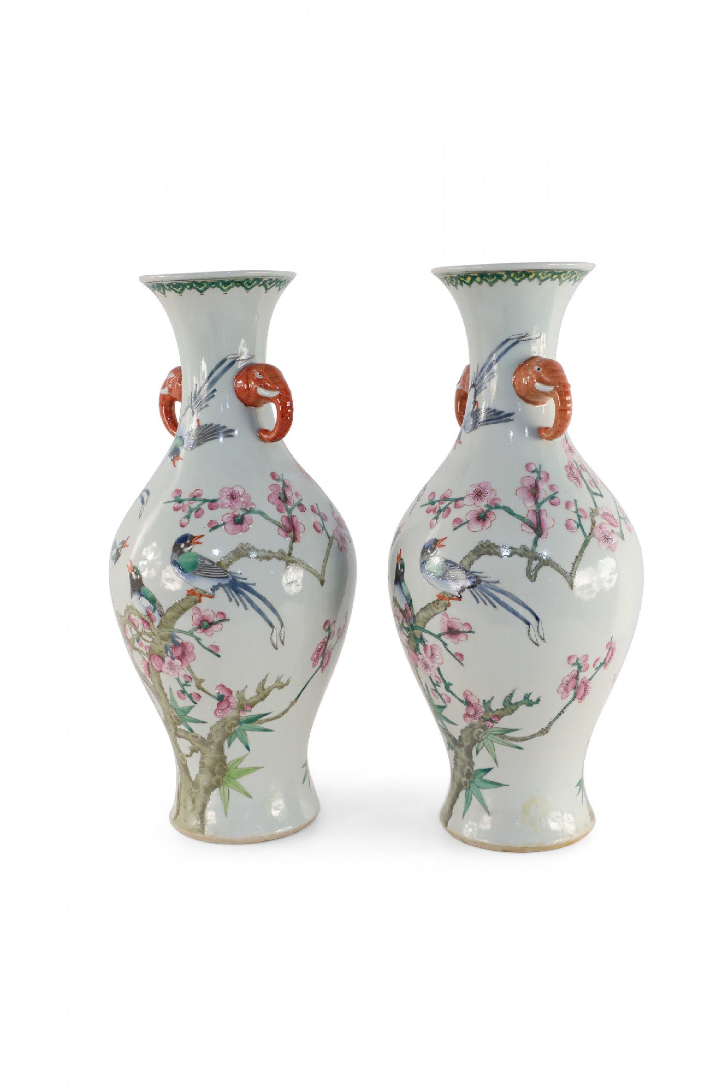 Pair of Chinese Off-White Cherry Blossom Tree and Bird Motif Porcelain Vases For Sale 1