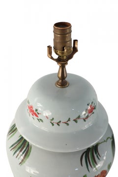 Pair of Chinese Off-White Floral and Bamboo Design Table Lamps