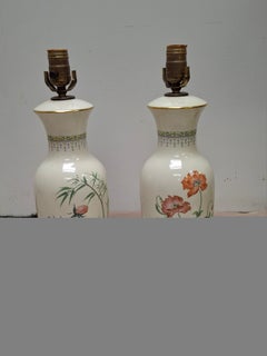 Pair of Chinese Off-White Floral Porcelain Table Lamps on Carved Mahogany Base