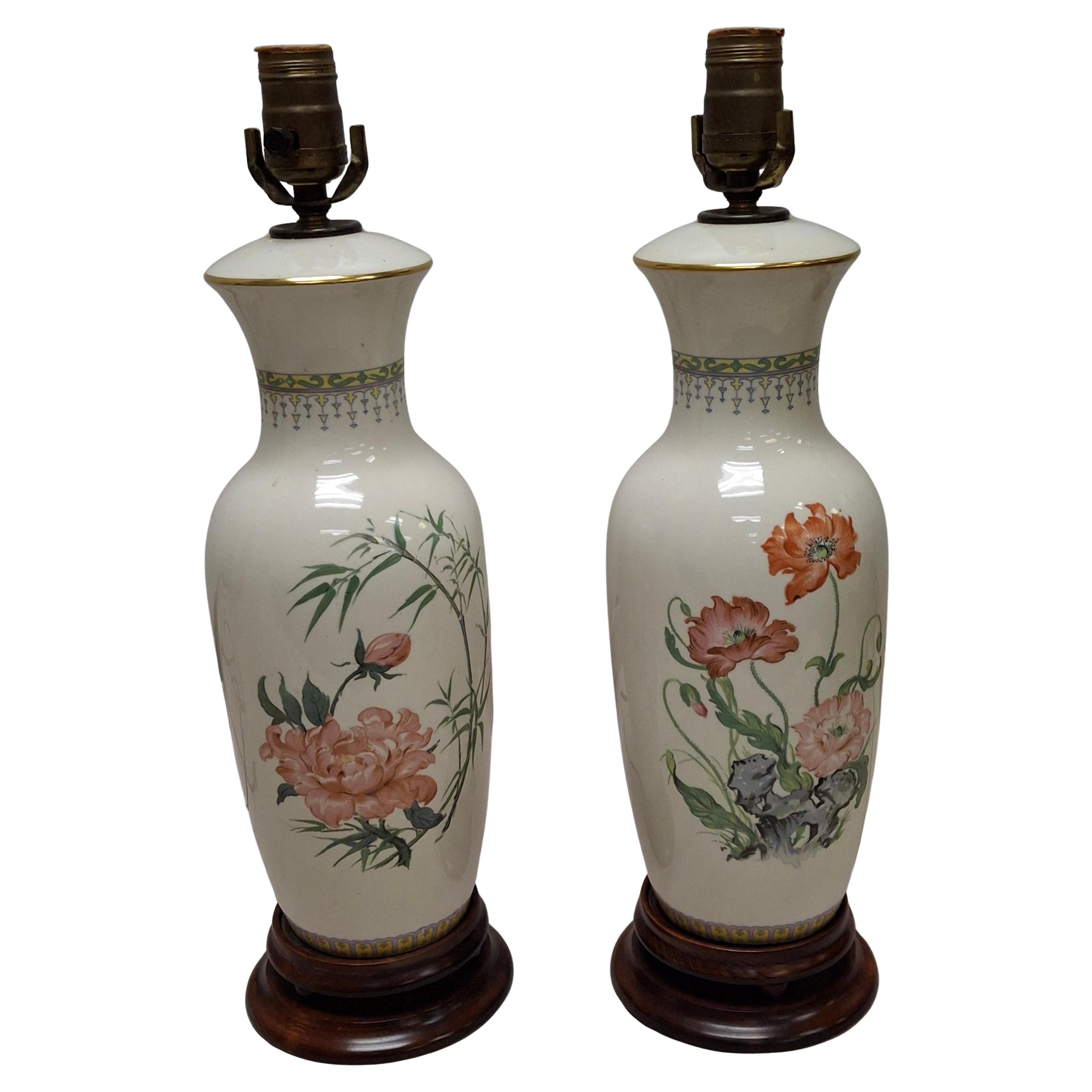 Pair of Chinese Off-White Floral Porcelain Table Lamps on Carved Mahogany Base For Sale