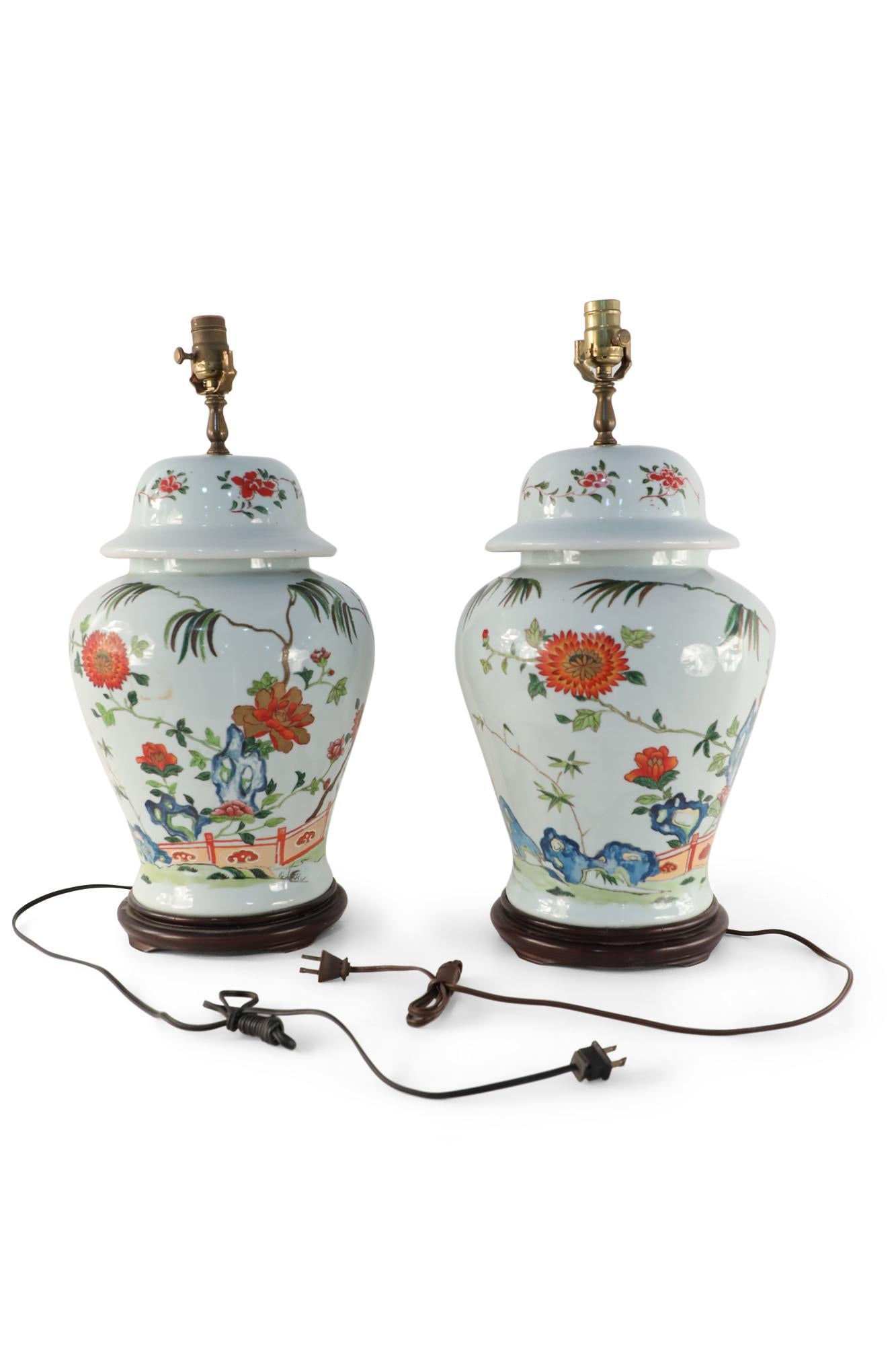 Pair of Chinese Off-White Floral Porcelain Urn Table Lamps Mounted on Wood Base For Sale 1