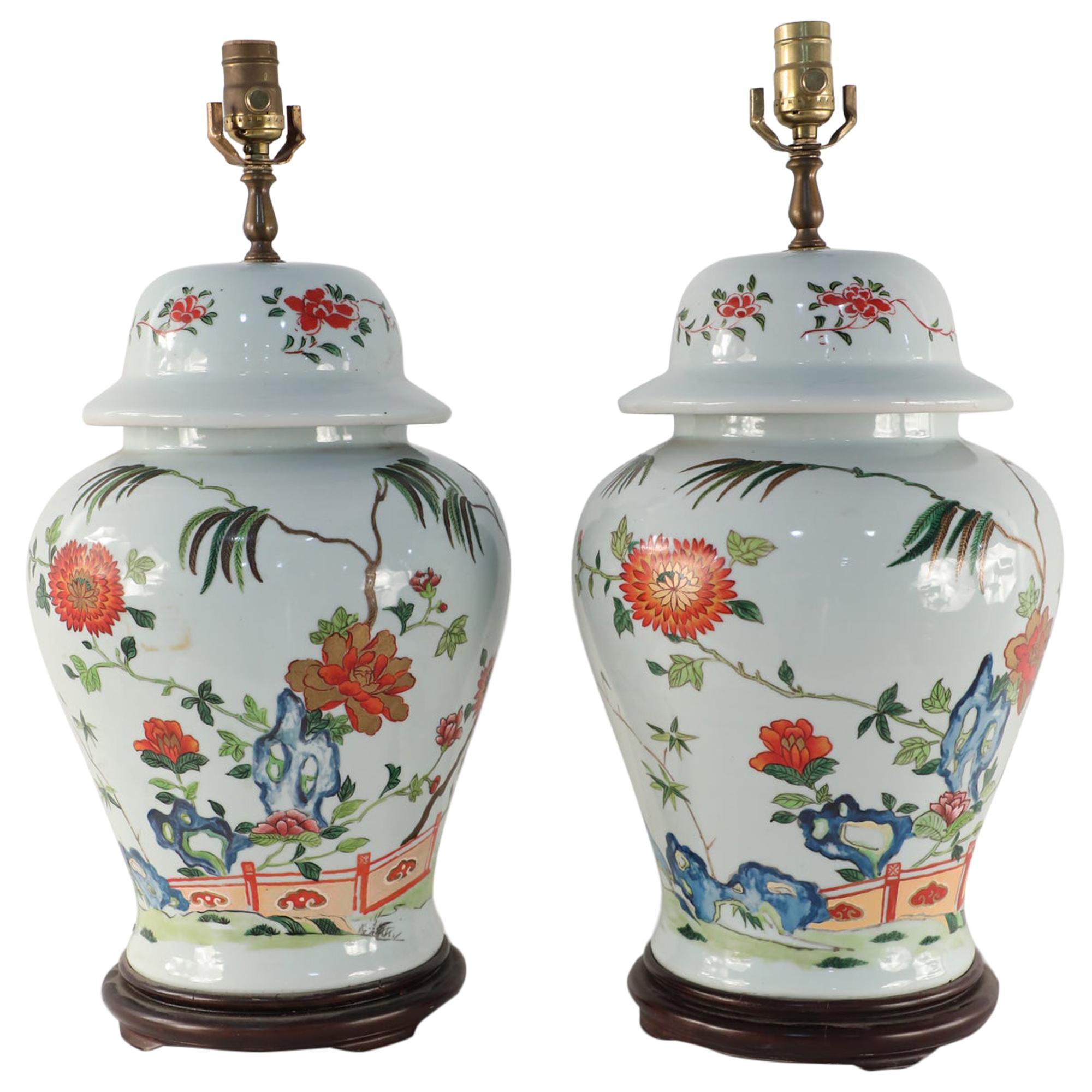 Pair of Chinese Off-White Floral Porcelain Urn Table Lamps Mounted on Wood Base