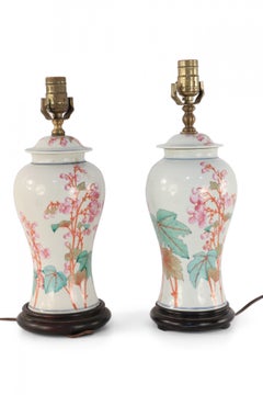 Pair of Chinese Off-White Orange and Pink Floral Motif Porcelain Table Lamps