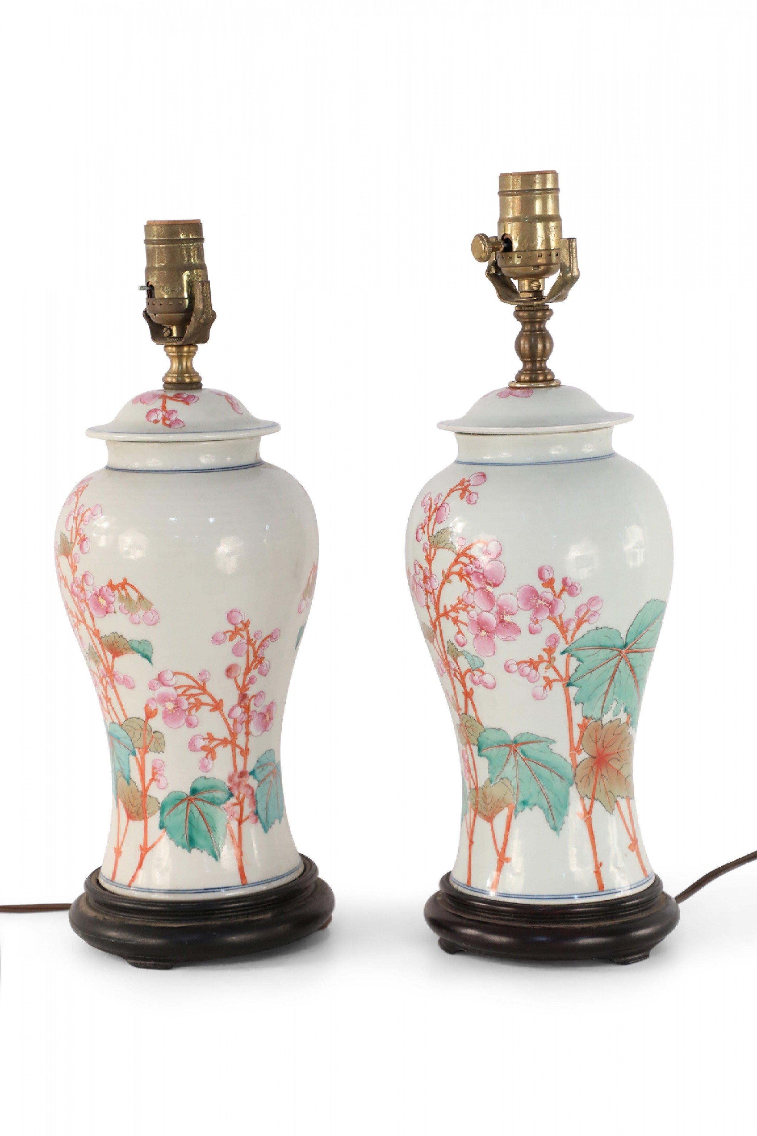 Metal Pair of Chinese Off-White Orange and Pink Floral Motif Porcelain Table Lamps For Sale
