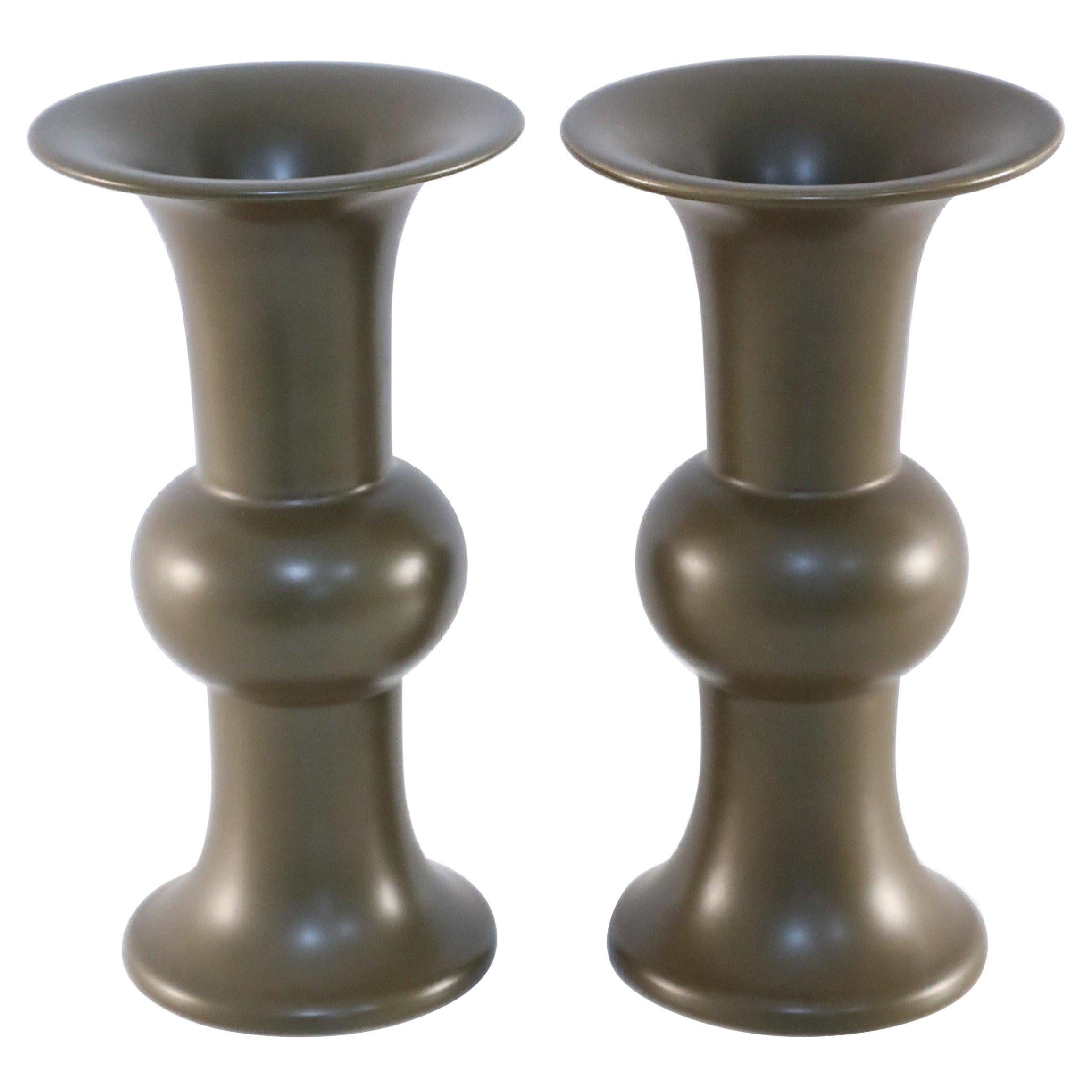 Pair of Chinese Olive Porcelain Beaker Vases For Sale