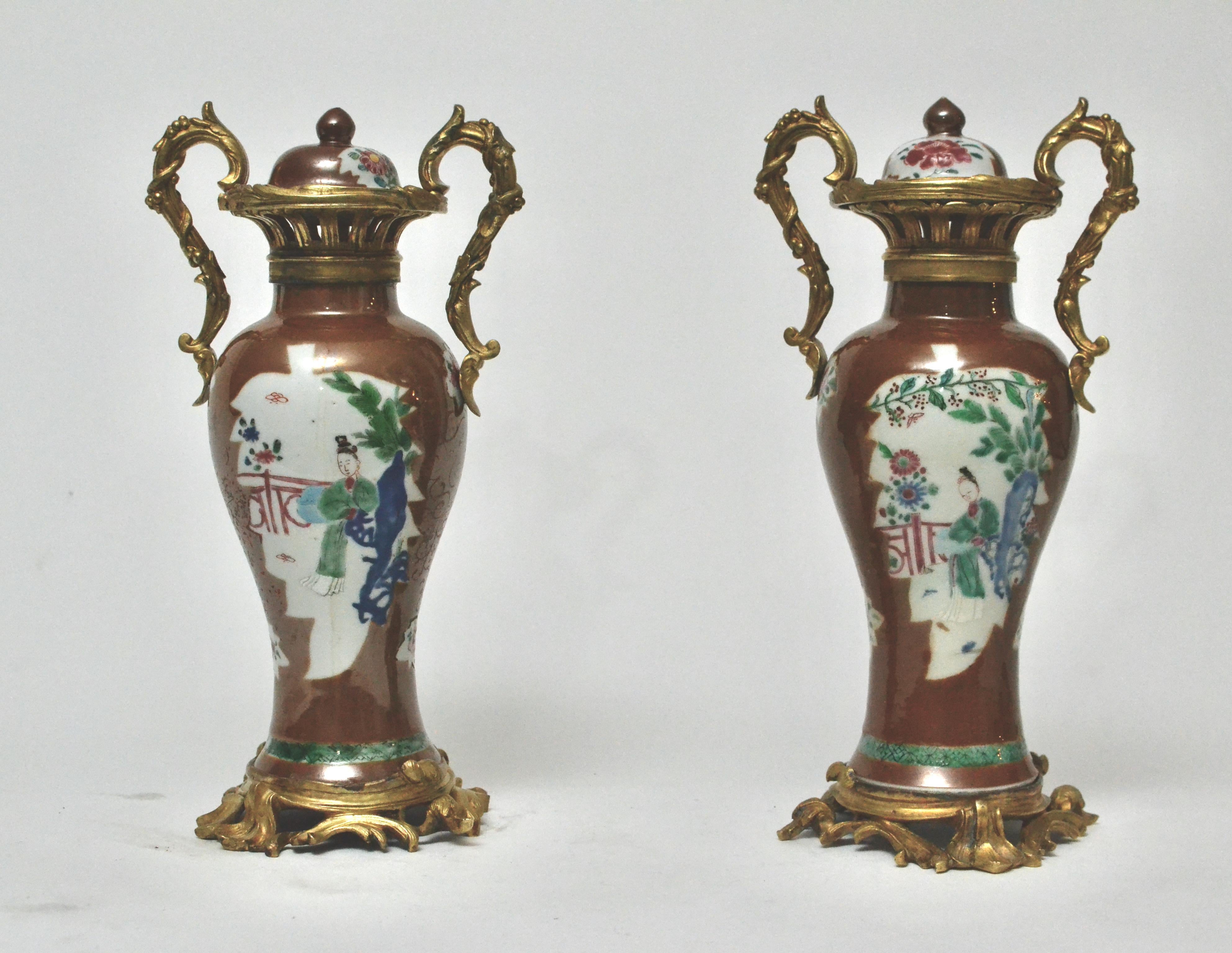 Chinese Export Pair of Chinese Ormolu Mounted Porcelain Vases, 18th Century