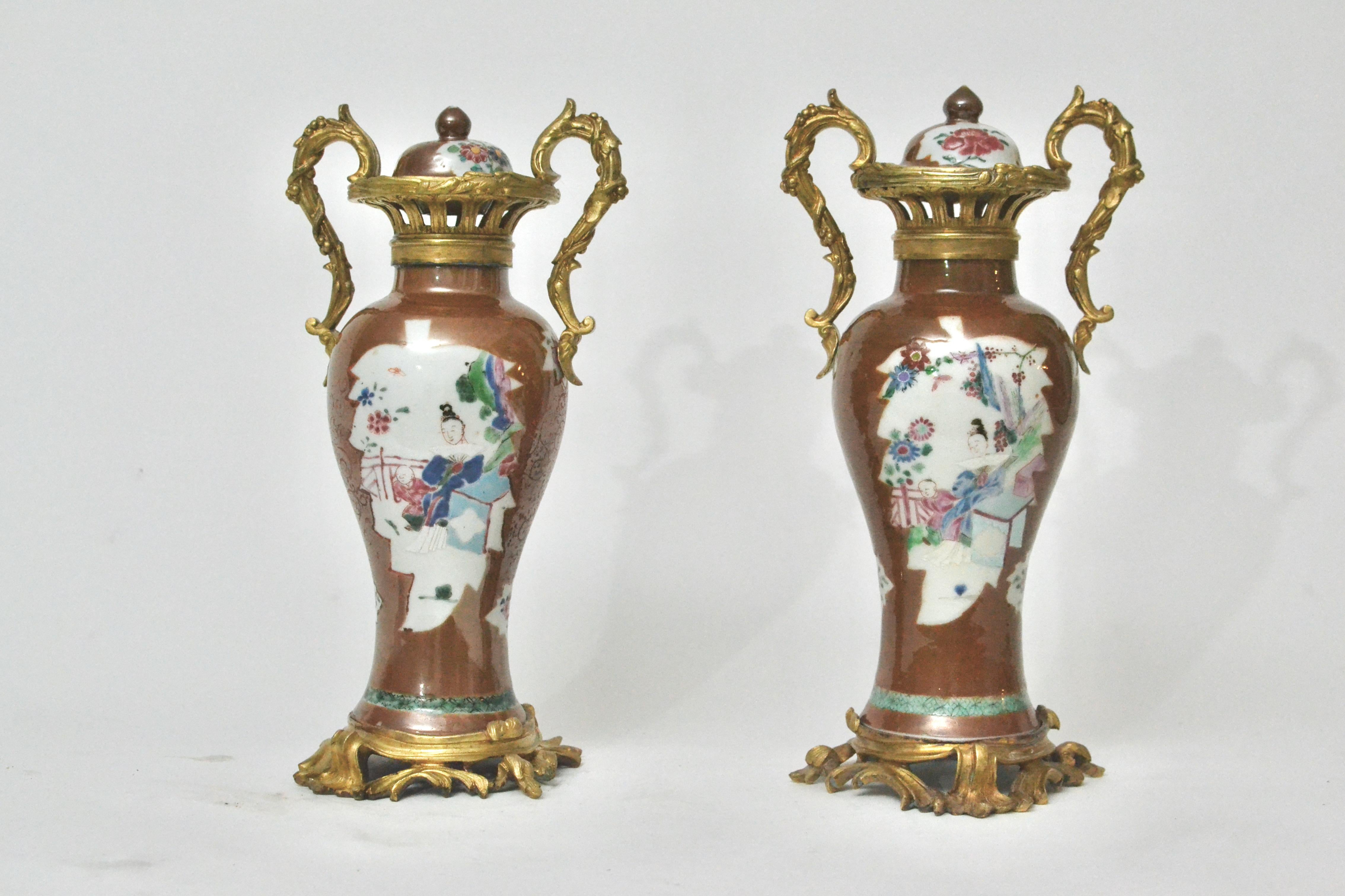 Gilt Pair of Chinese Ormolu Mounted Porcelain Vases, 18th Century