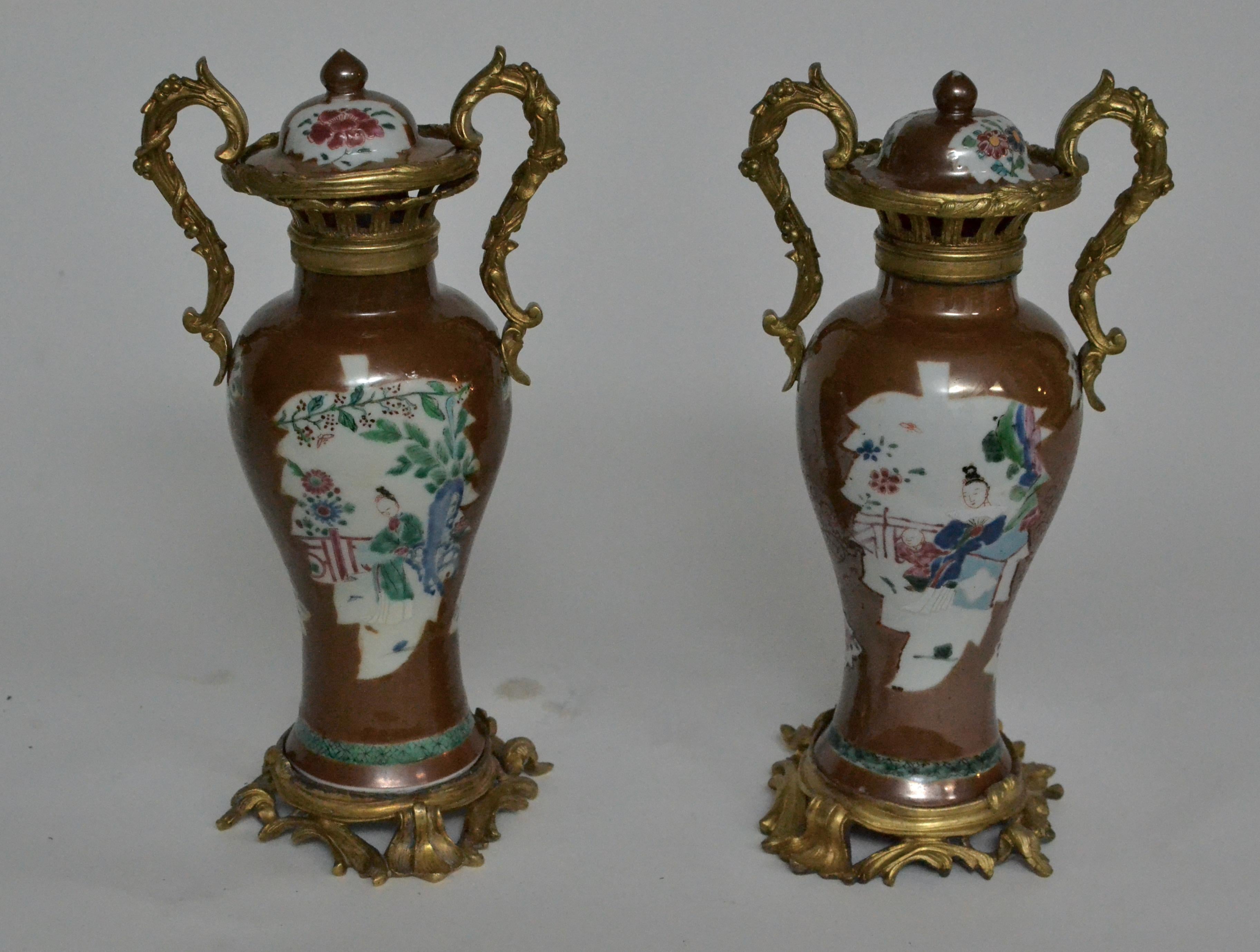 Pair of Chinese Ormolu Mounted Porcelain Vases, 18th Century 1