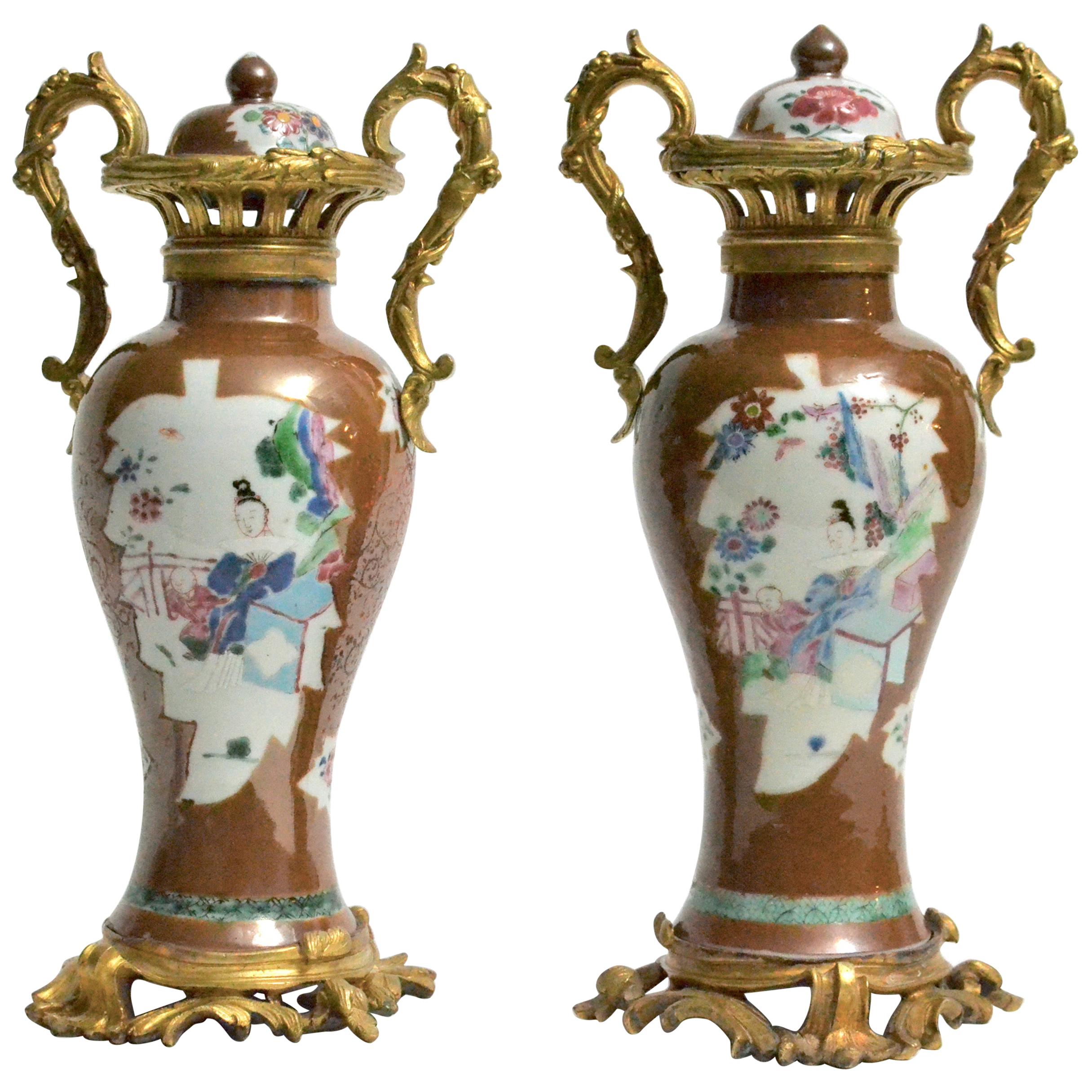 Pair of Chinese Ormolu Mounted Porcelain Vases, 18th Century