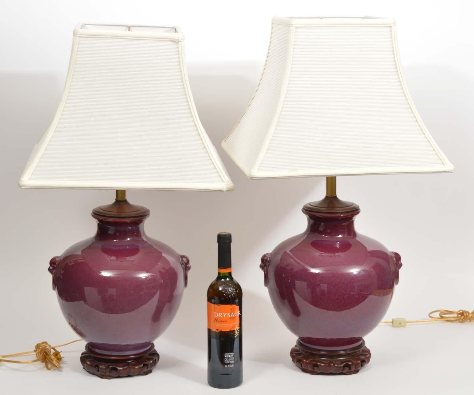 Pair of Chinese Oxblood Glazed Urn Shaped Table Lamps with Haut Relief, 20th C 4