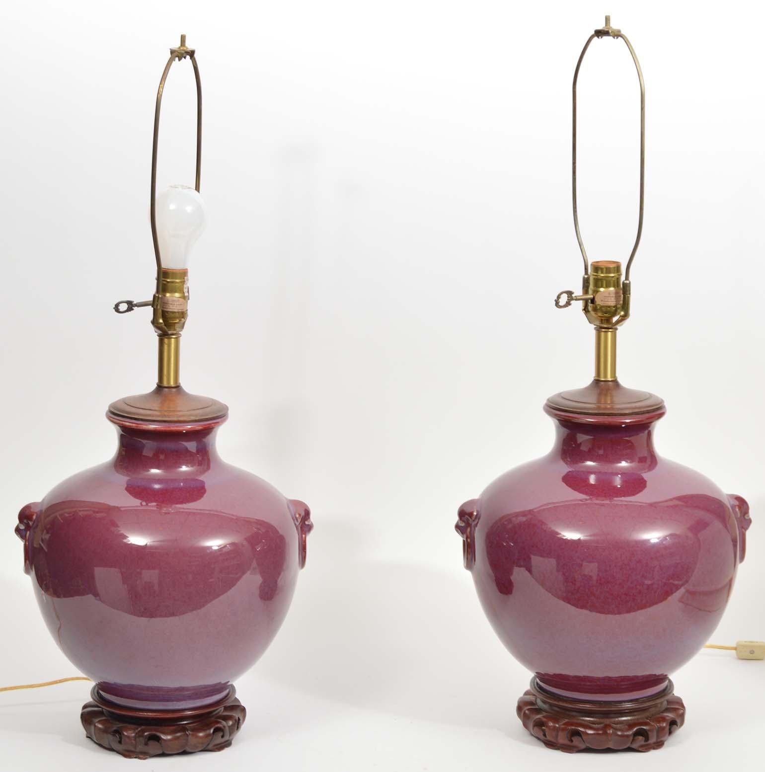 Pair of Chinese Oxblood Glazed Urn Shaped Table Lamps with Haut Relief, 20th C 1