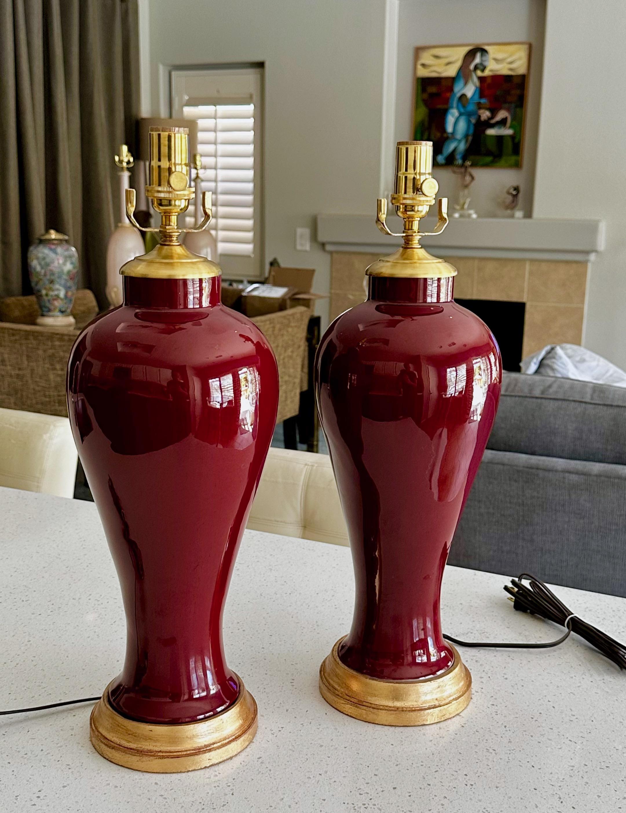 Brass Pair of Chinese Oxblood Porcelain Lamps For Sale