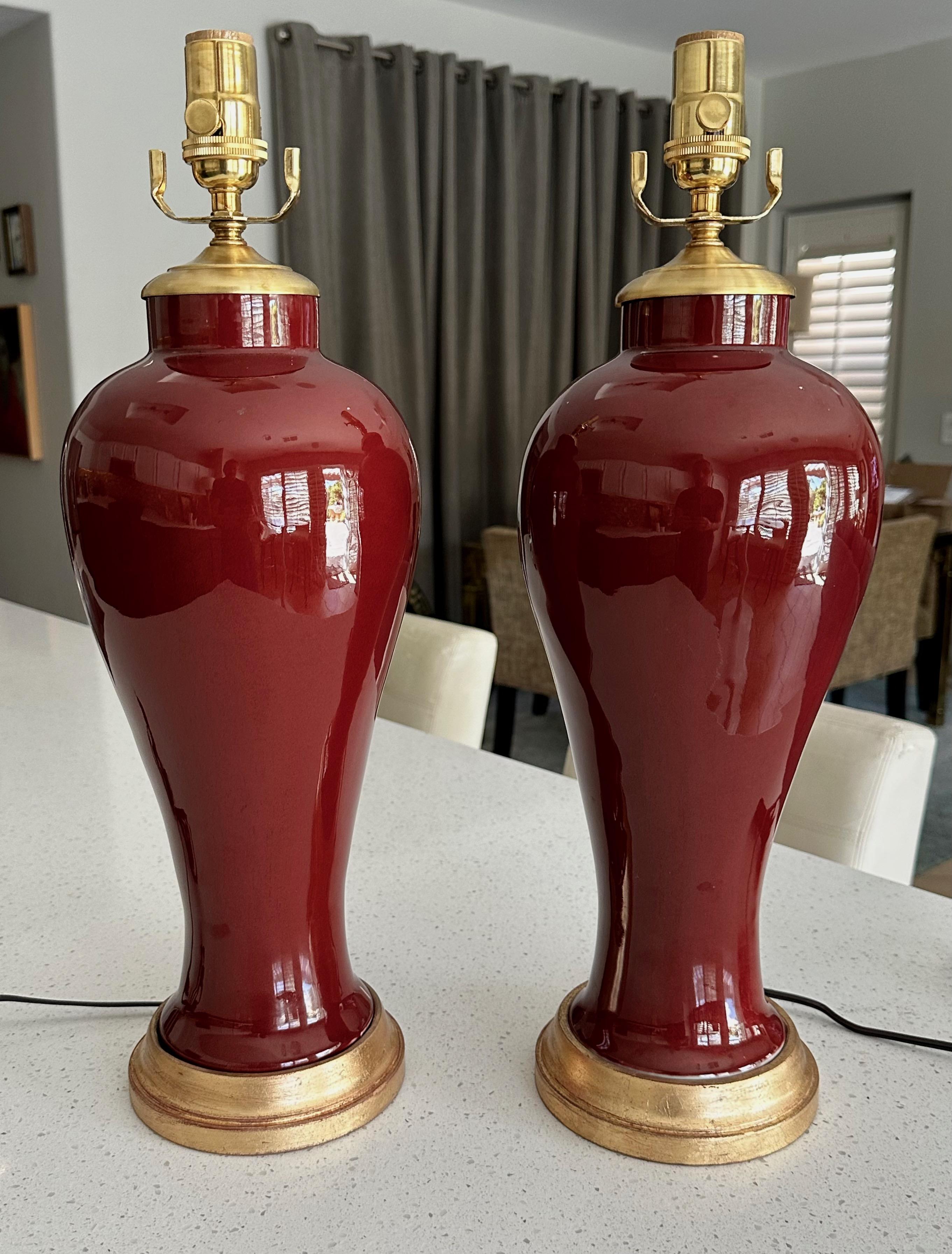 Pair of Chinese Oxblood Porcelain Lamps For Sale 1