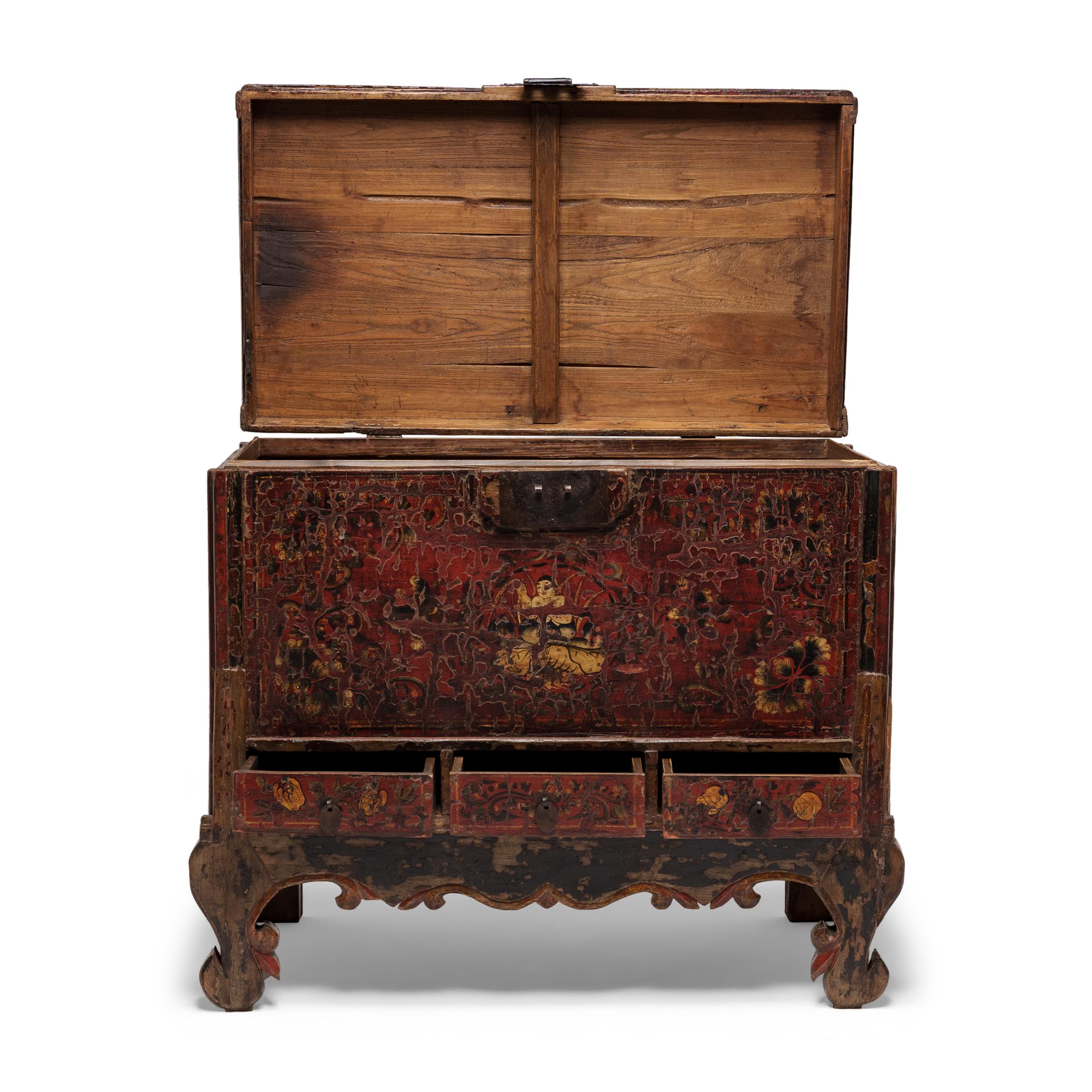 Wood Pair of Chinese Oxblood Red Harmony Trunks, c. 1800